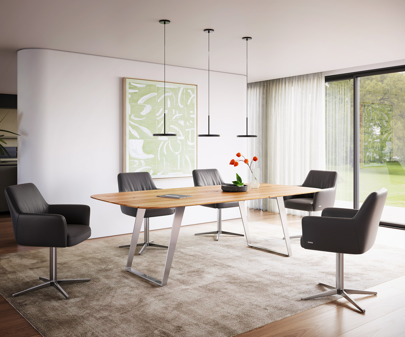 Étkezőasztal Edge hajóformájú 240x120x2,5-3 tölgy természetes rozsdamentes acél ferde svájci él - Image 5