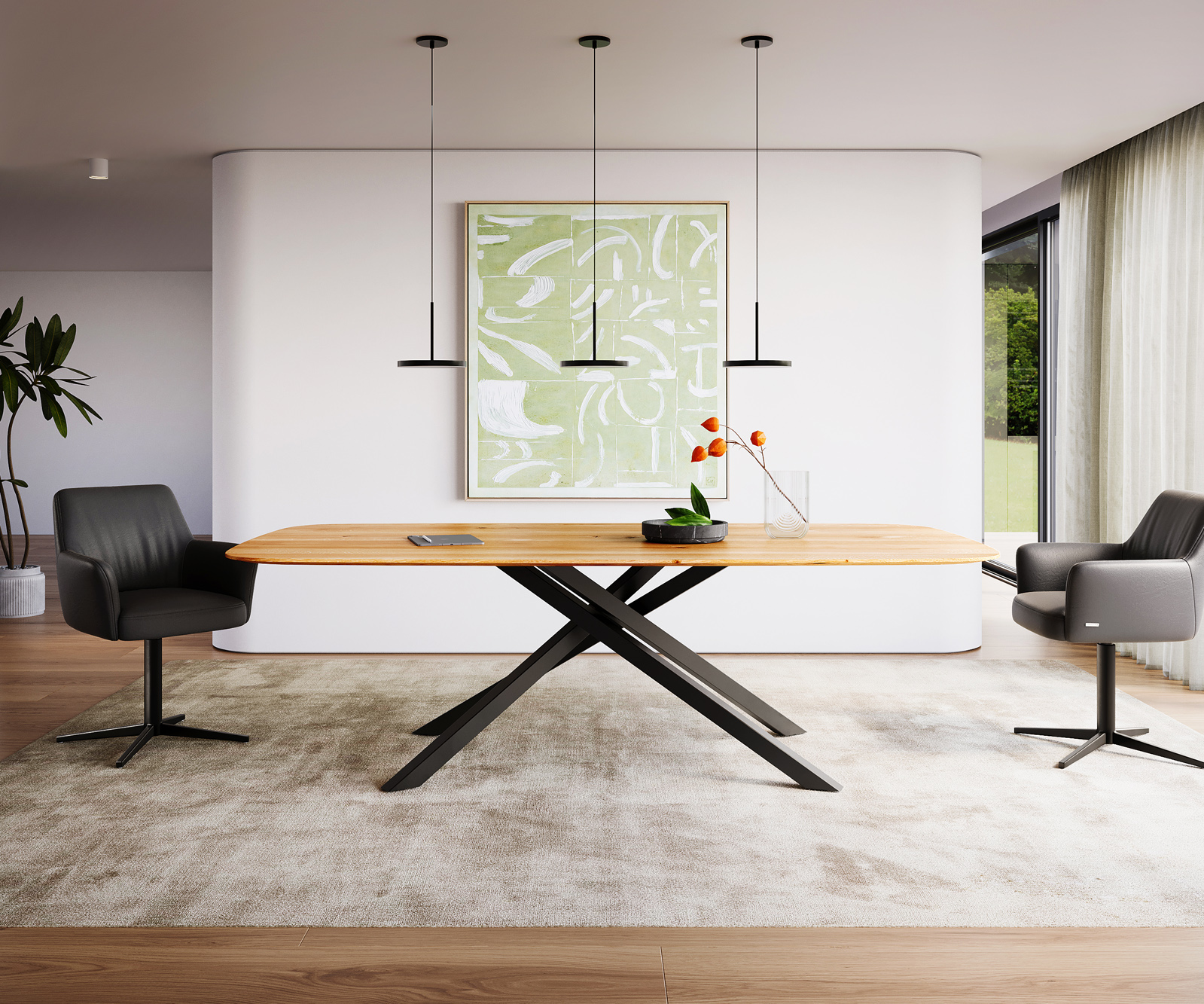 Étkezőasztal Edge hajóformájú 240x120x2,5-3 tölgy természetes kereszt láb téglalap fekete svájci él