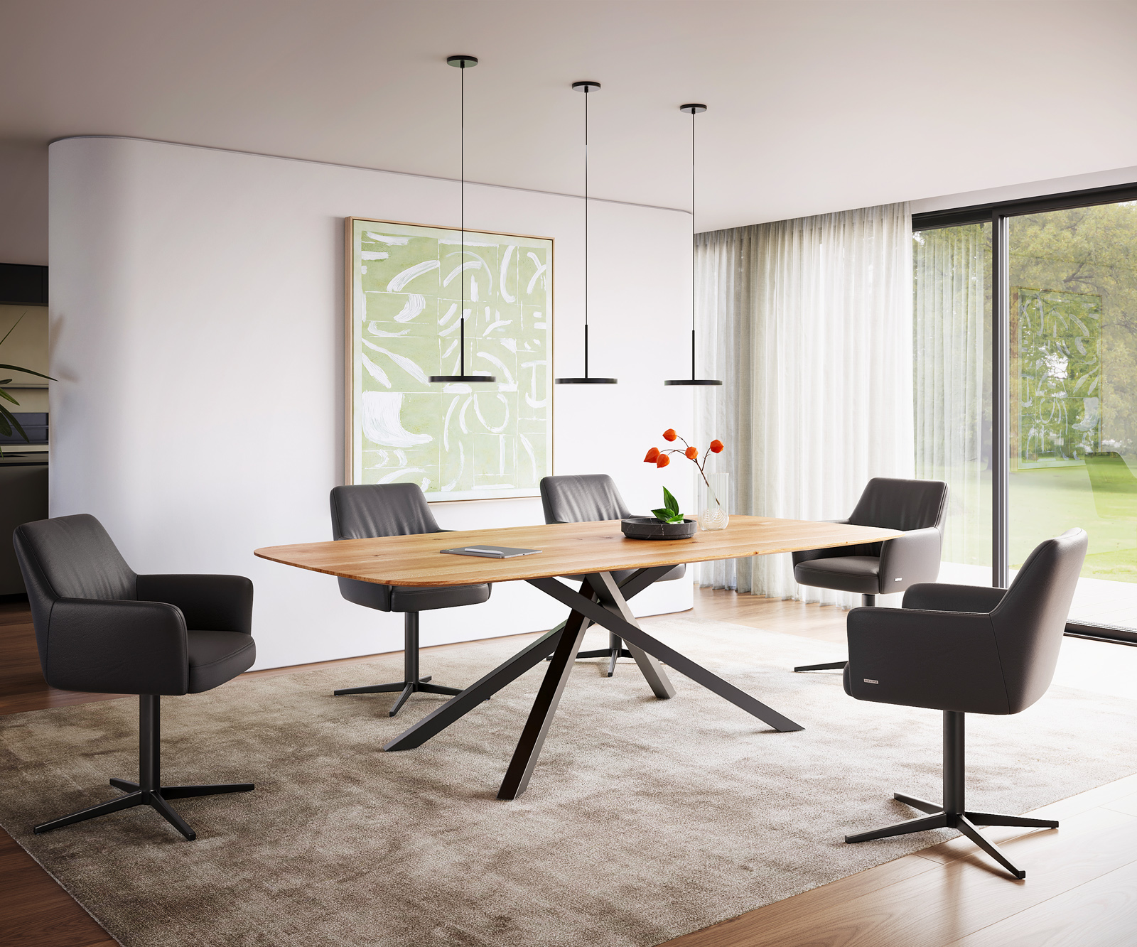 Étkezőasztal Edge hajóformájú 240x120x2,5-3 tölgy természetes kereszt láb téglalap fekete svájci él - Image 5