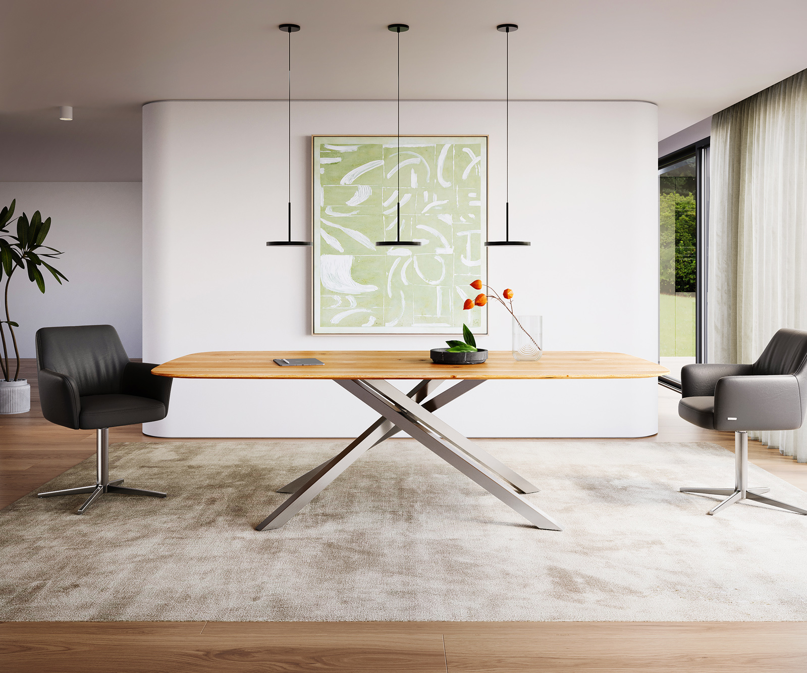 Étkezőasztal Edge hajóformás 240x120x2,5-3 tölgy természetes kereszt láb téglalap rozsdamentes acél svájci él