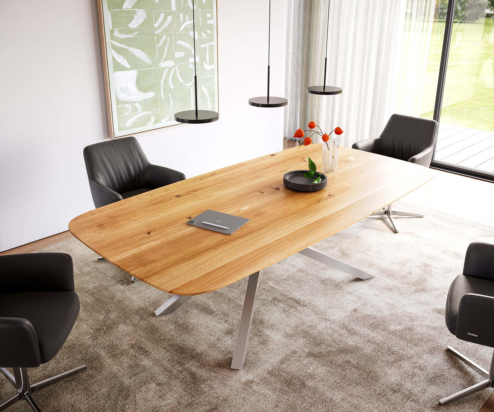 Étkezőasztal Edge hajóformás 240x120x2,5-3 tölgy természetes kereszt láb téglalap rozsdamentes acél svájci él - Image 2