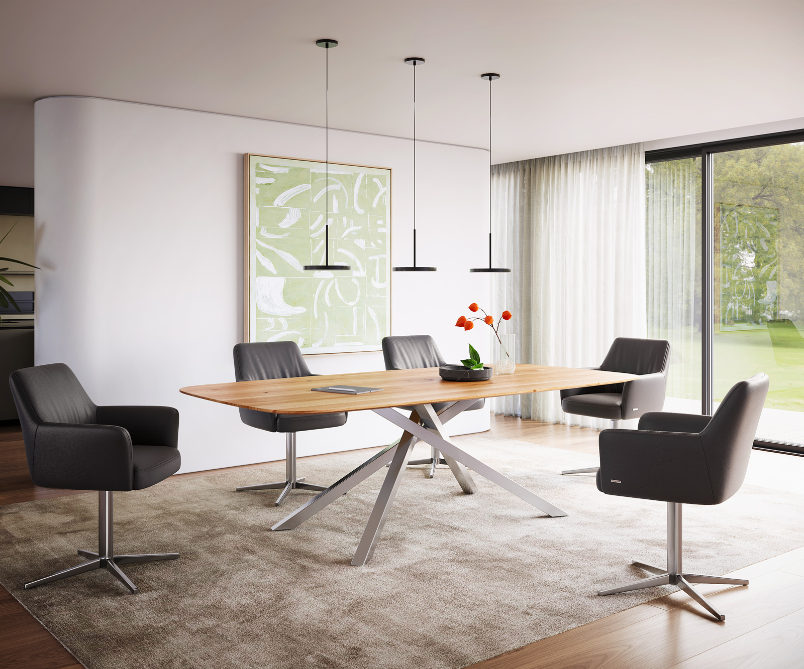 Étkezőasztal Edge hajóformás 240x120x2,5-3 tölgy természetes kereszt láb téglalap rozsdamentes acél svájci él - Image 5