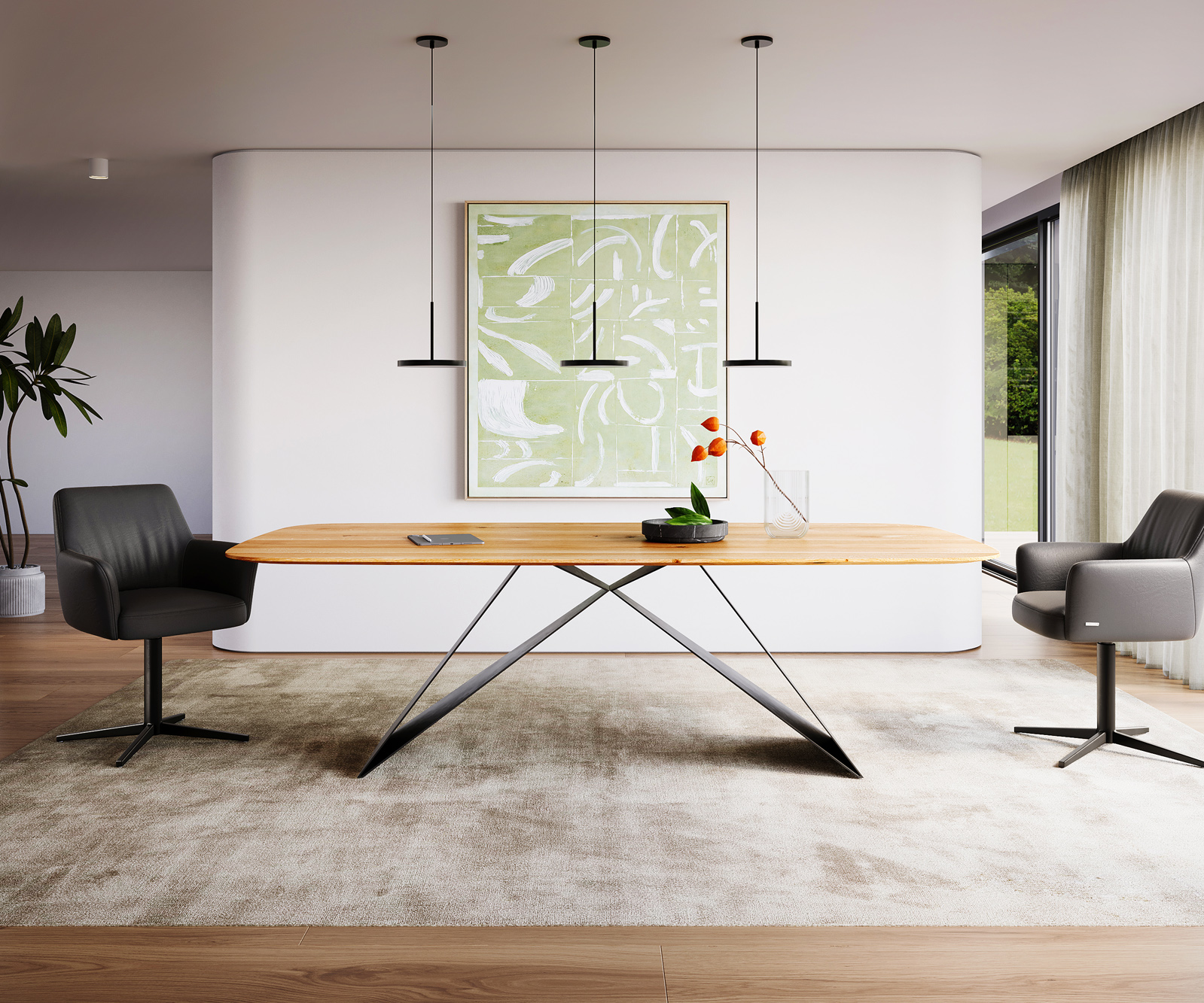 Étkezőasztal Edge hajóformájú 240x120x2,5-3 tölgy természetes V-láb laposacél fekete svájci él