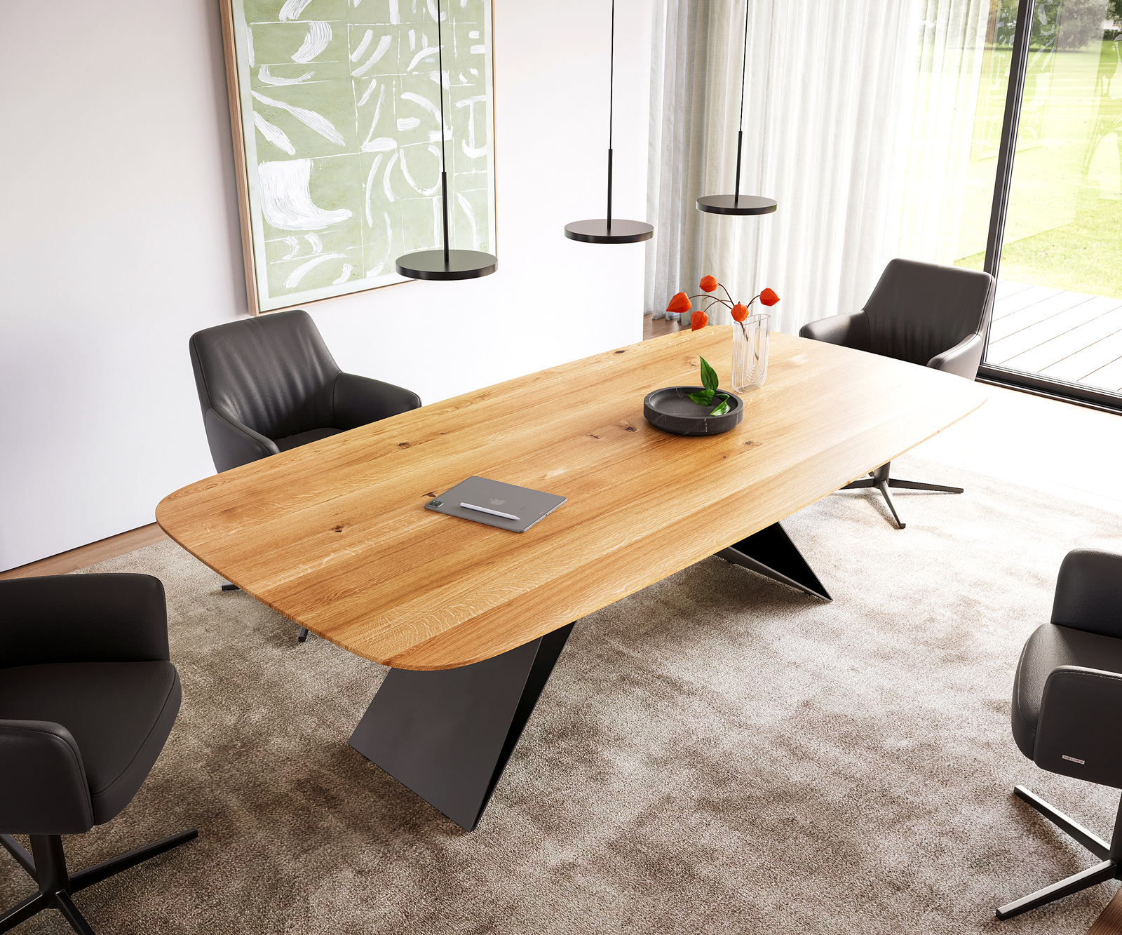 Étkezőasztal Edge hajóformájú 240x120x2,5-3 tölgy természetes V-láb laposacél fekete svájci él - Image 2