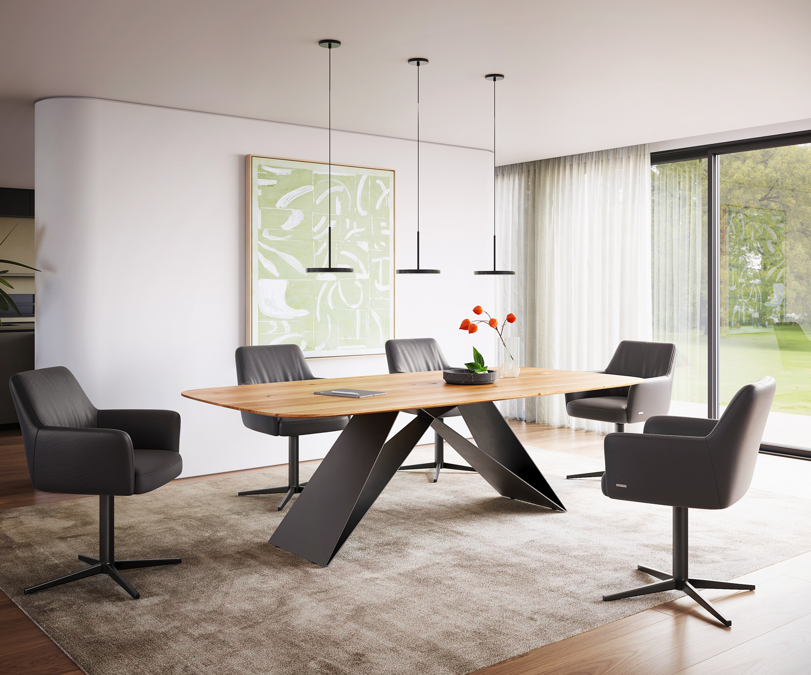 Étkezőasztal Edge hajóformájú 240x120x2,5-3 tölgy természetes V-láb laposacél fekete svájci él - Image 5