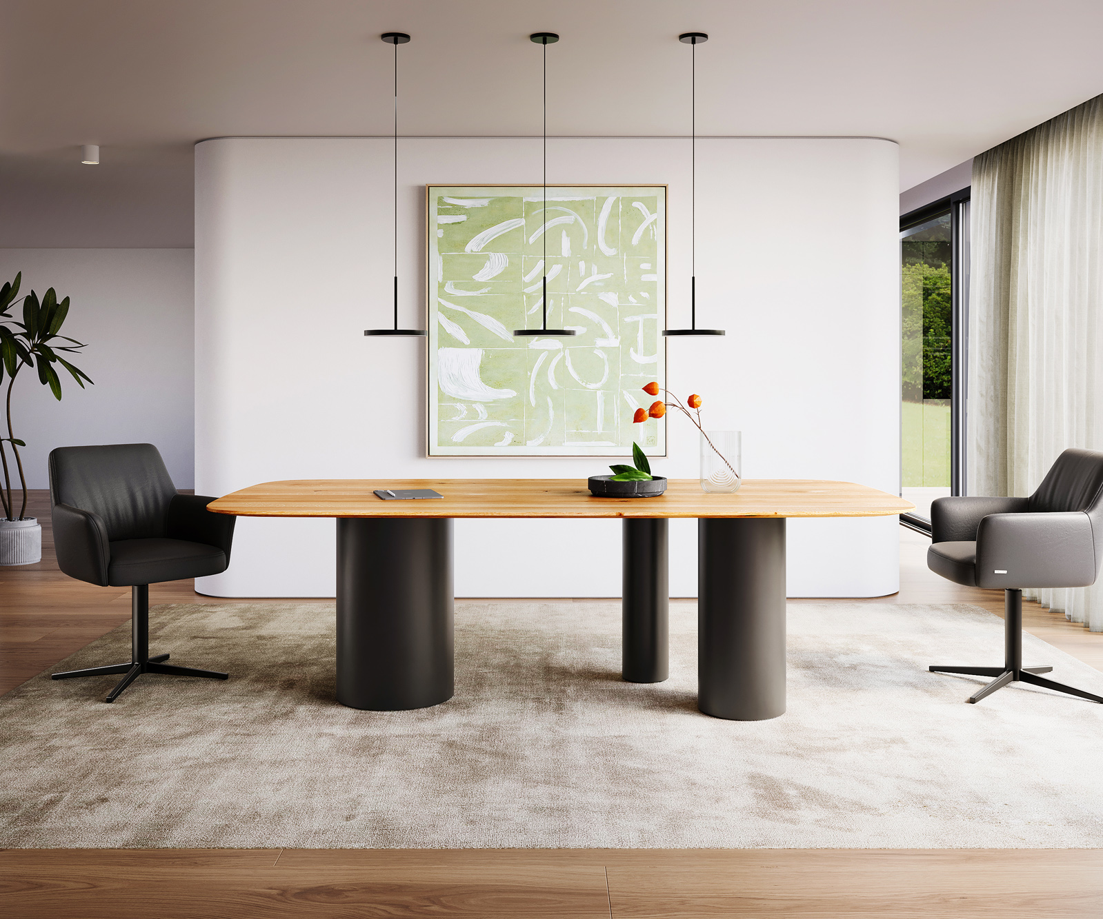 Étkezőasztal Edge hajóformájú 240x120x2,5-3 tölgy természetes Troa fekete fém svájci él - Image 2