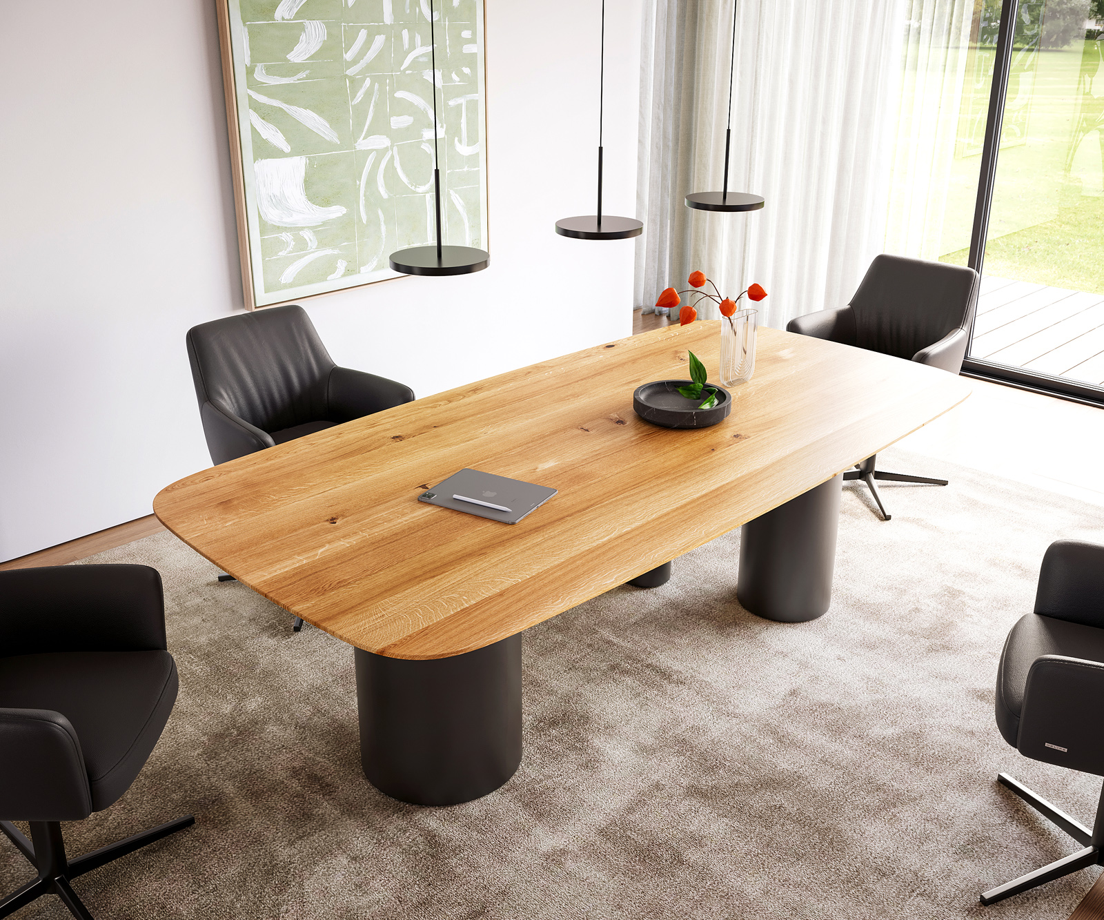 Étkezőasztal Edge hajóformájú 240x120x2,5-3 tölgy természetes Troa fekete fém svájci él