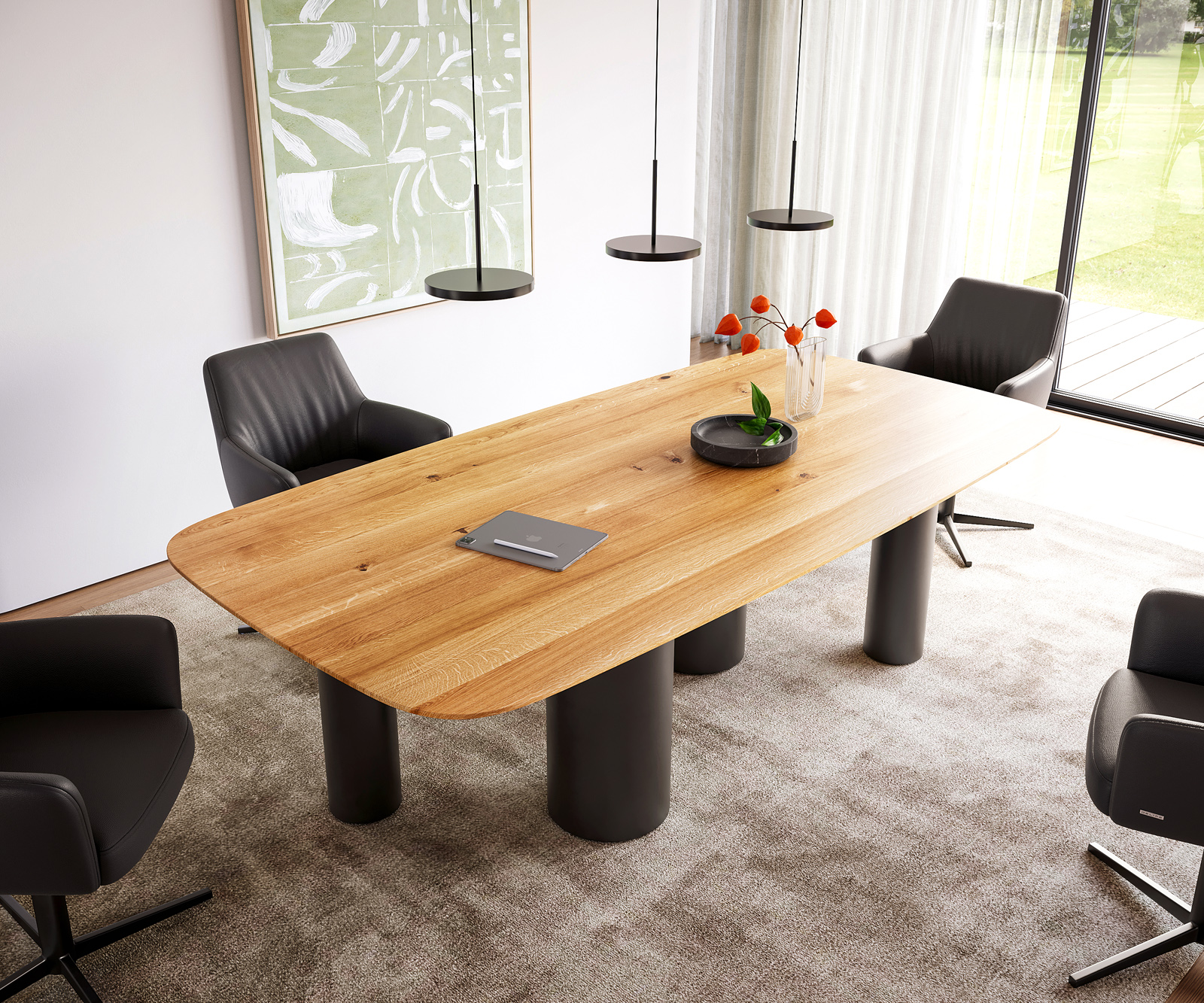 Étkezőasztal Edge hajóformájú 240x120x2,5-3 tölgy természetes pilier fém fekete svájci él