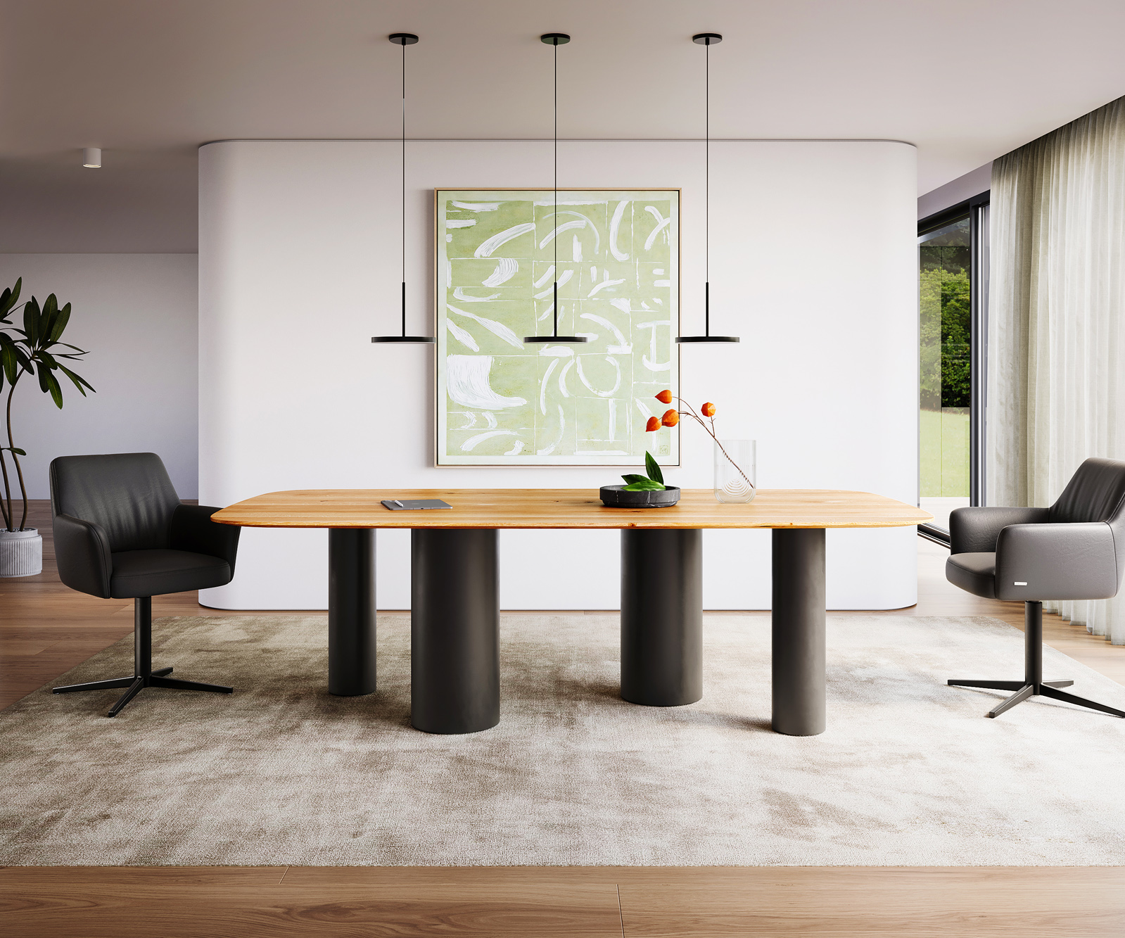 Étkezőasztal Edge hajóformájú 240x120x2,5-3 tölgy természetes pilier fém fekete svájci él - Image 2