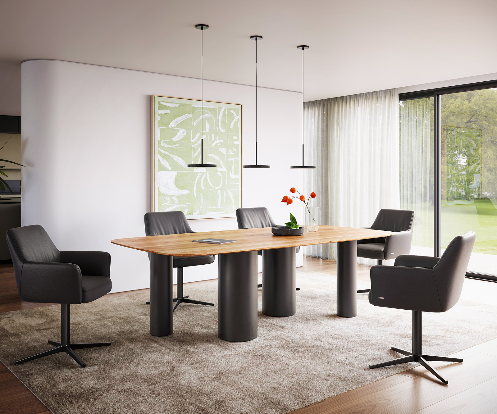 Étkezőasztal Edge hajóformájú 240x120x2,5-3 tölgy természetes pilier fém fekete svájci él - Image 5