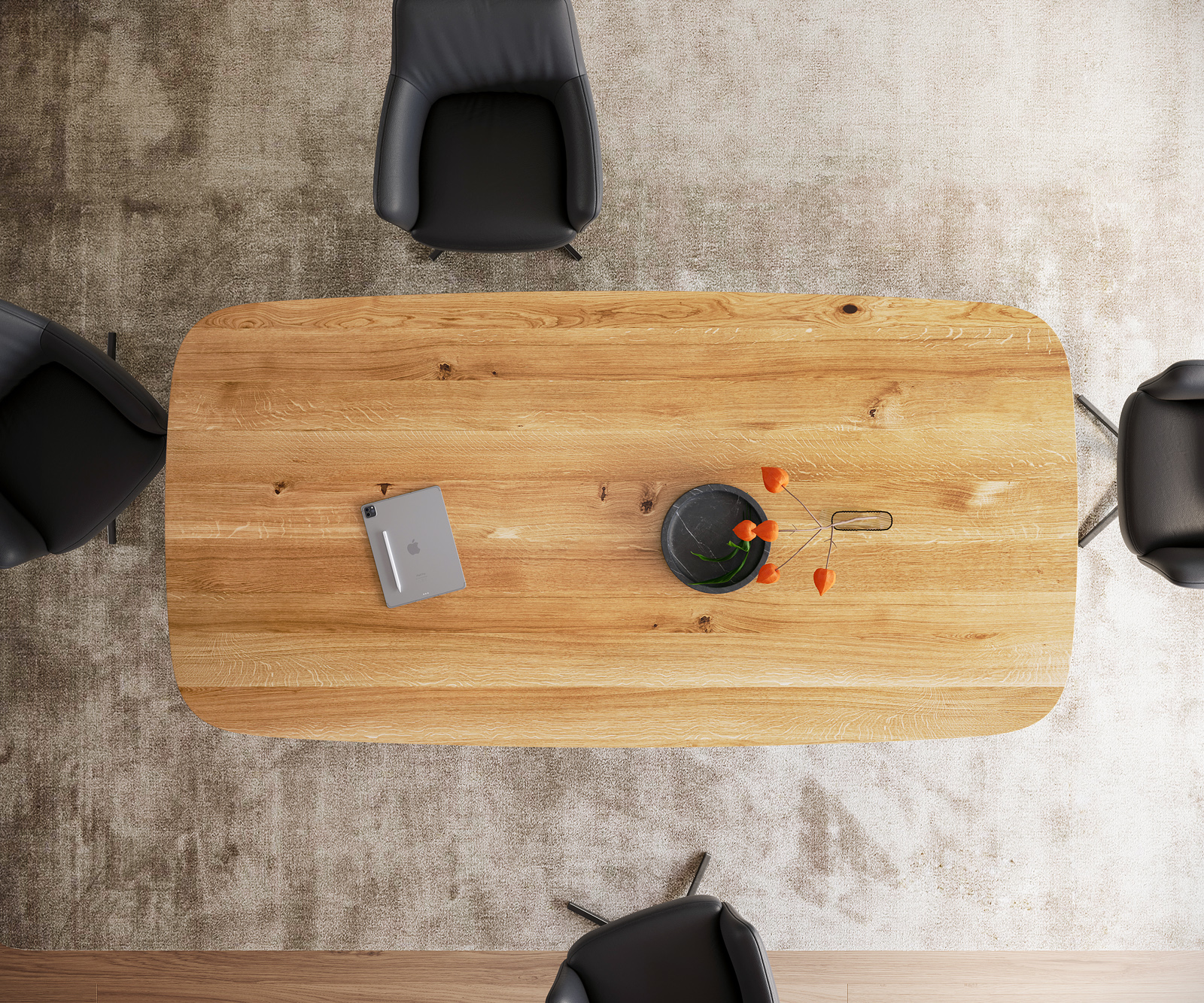 Étkezőasztal Edge hajóformájú 240x120x2,5-3 tölgy természetes pilier fém fekete svájci él - Image 4