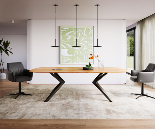 Étkezőasztal Edge hajóformájú 240x120x2,5-3 tölgy természetes Zenthara szögletes fém fekete svájci él