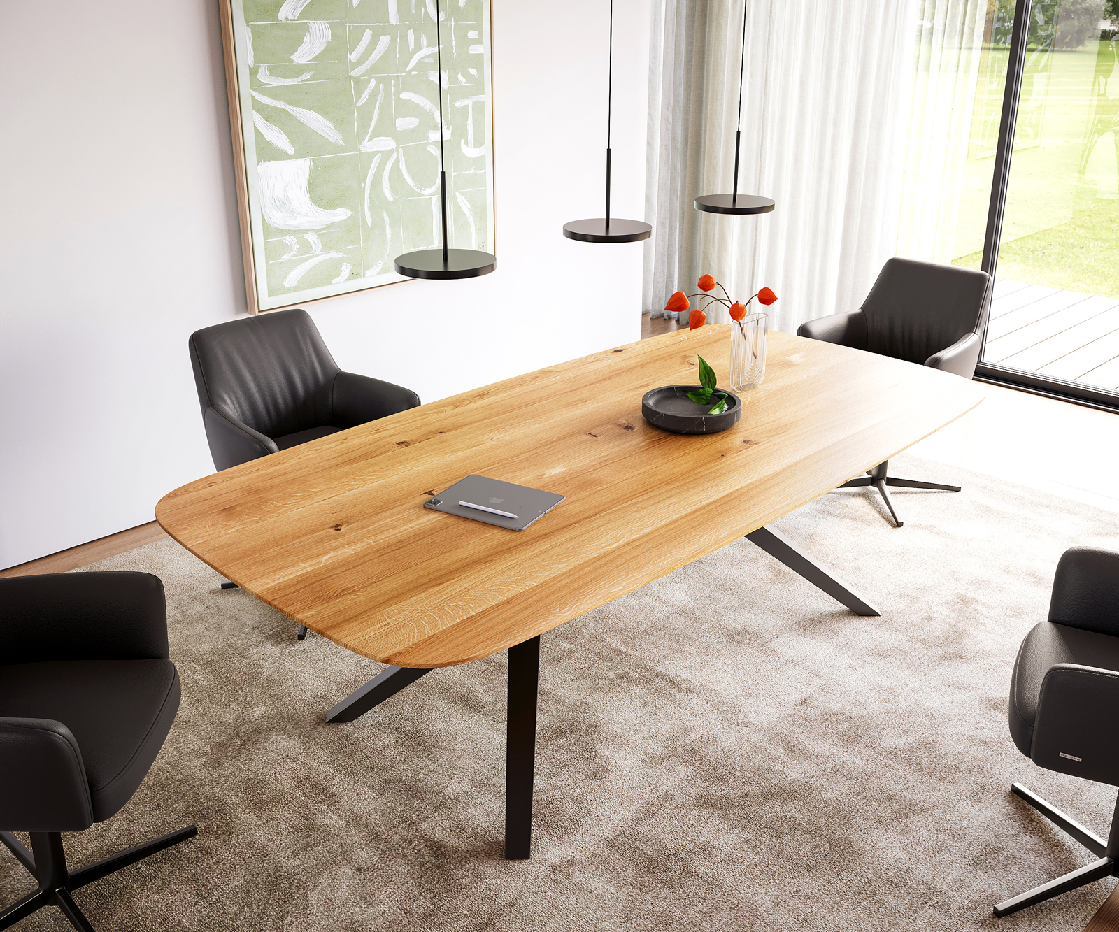 Étkezőasztal Edge hajóformájú 240x120x2,5-3 tölgy természetes Zenthara szögletes fém fekete svájci él - Image 2