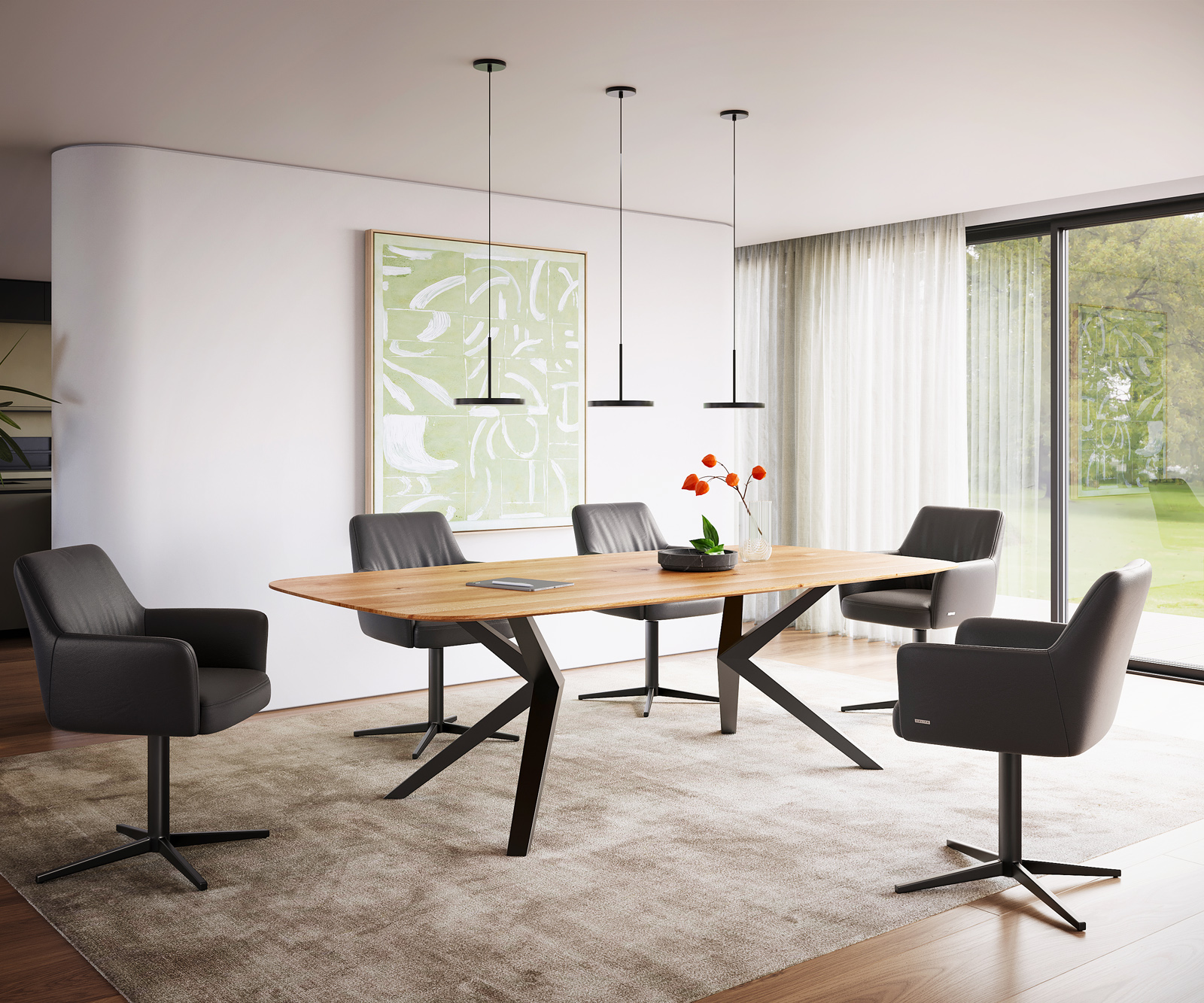 Étkezőasztal Edge hajóformájú 240x120x2,5-3 tölgy természetes Zenthara szögletes fém fekete svájci él - Image 5