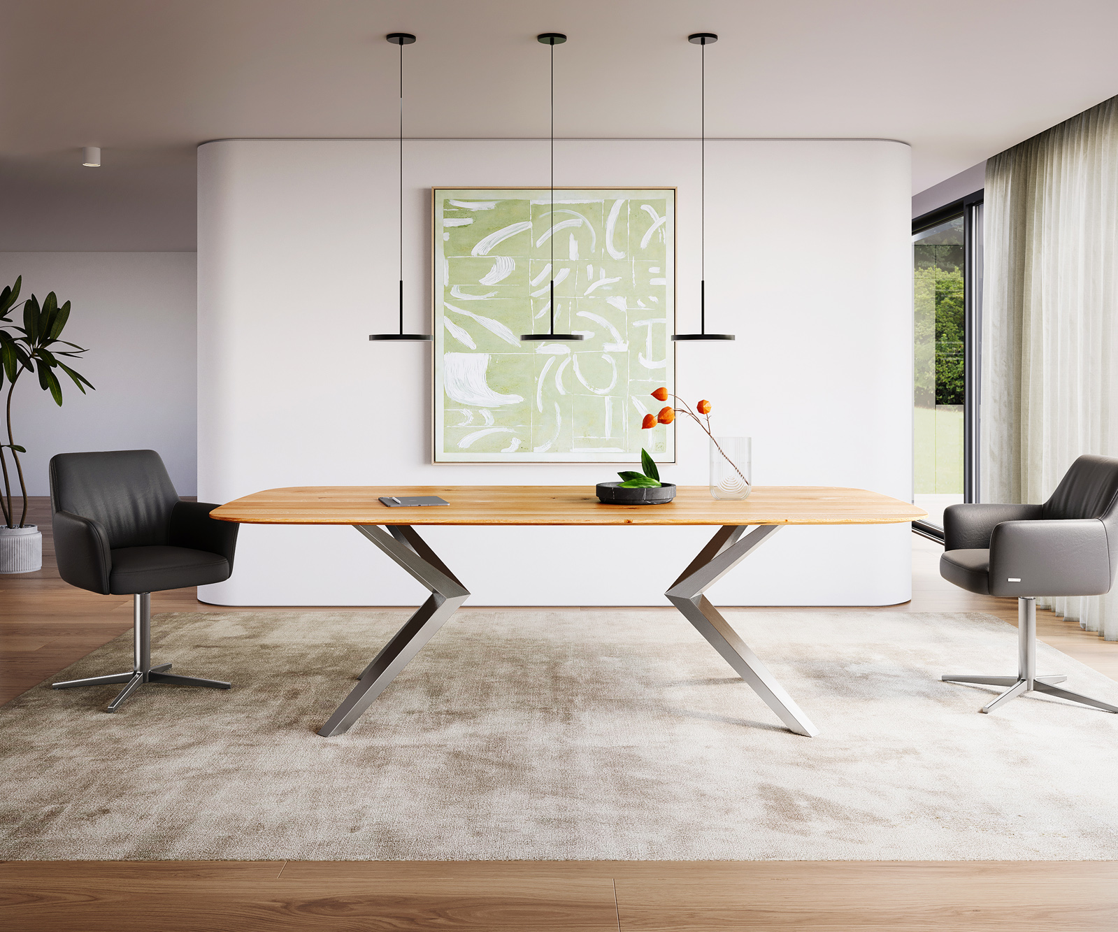 Étkezőasztal Edge hajóformájú 240x120x2,5-3 tölgy természetes Zenthara szögletes rozsdamentes acél svájci él