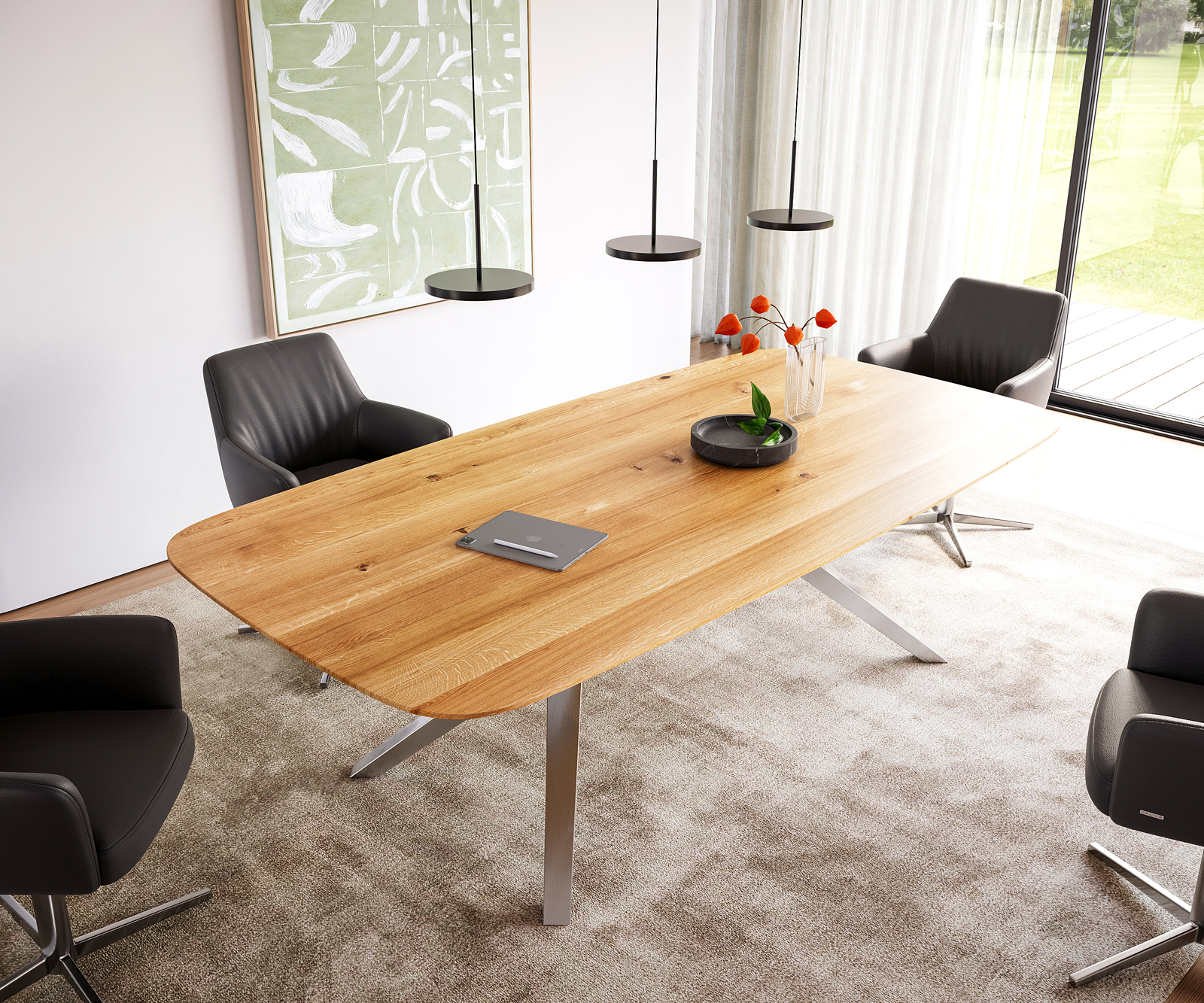 Étkezőasztal Edge hajóformájú 240x120x2,5-3 tölgy természetes Zenthara szögletes rozsdamentes acél svájci él - Image 2