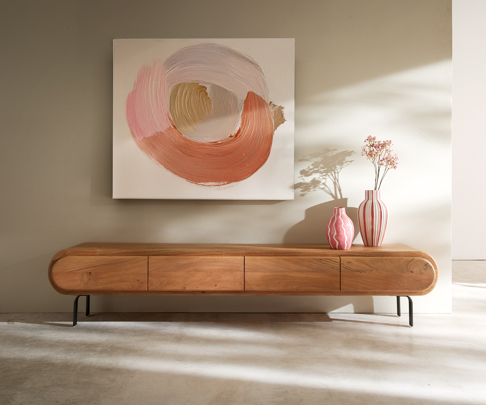 TV szekrény Sohara 175 cm akác természetes 4 ajtós "L" alakú fekete láb - Image 2