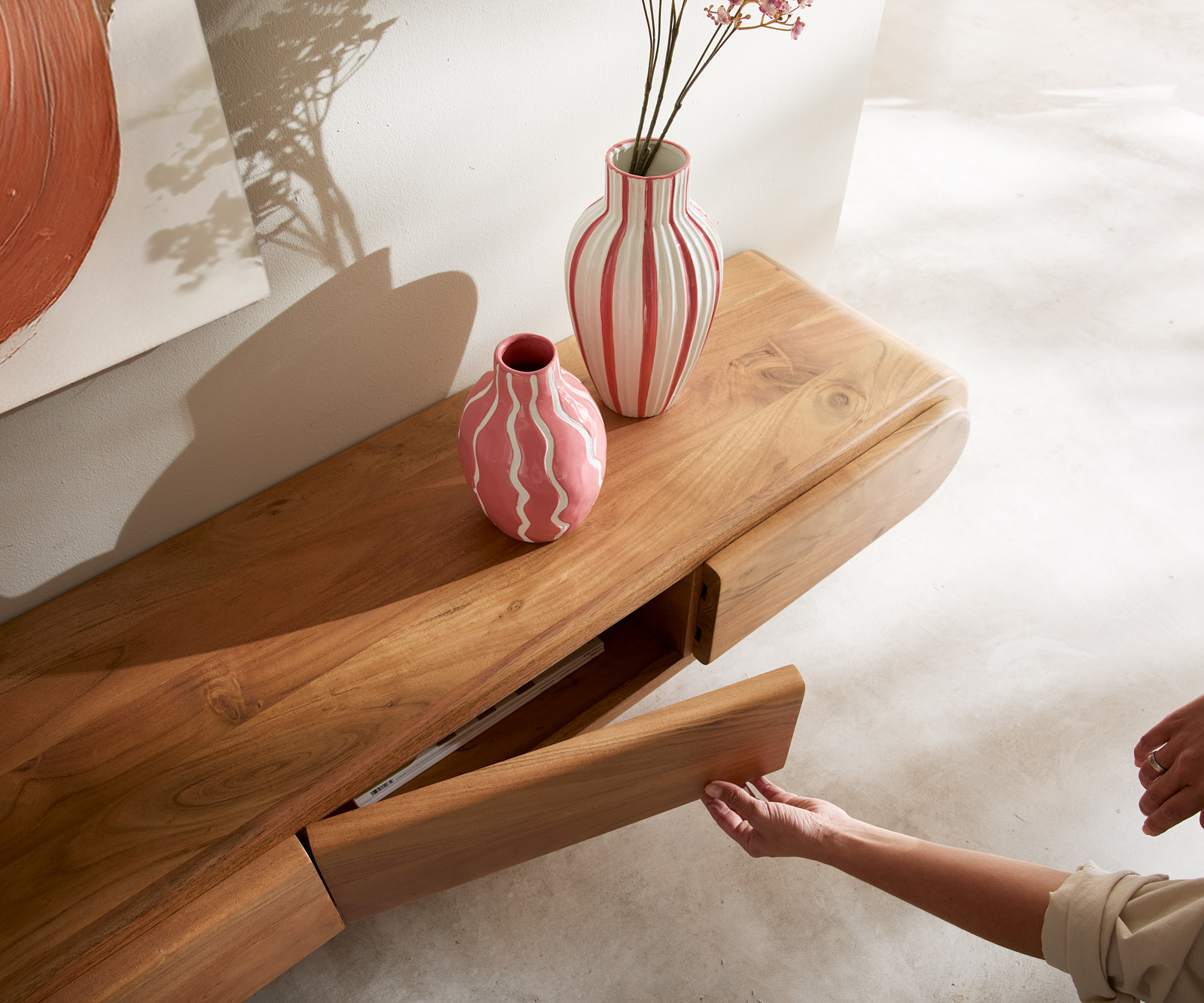 TV szekrény Sohara 175 cm akác természetes 4 ajtós "L" alakú fekete láb - Image 4