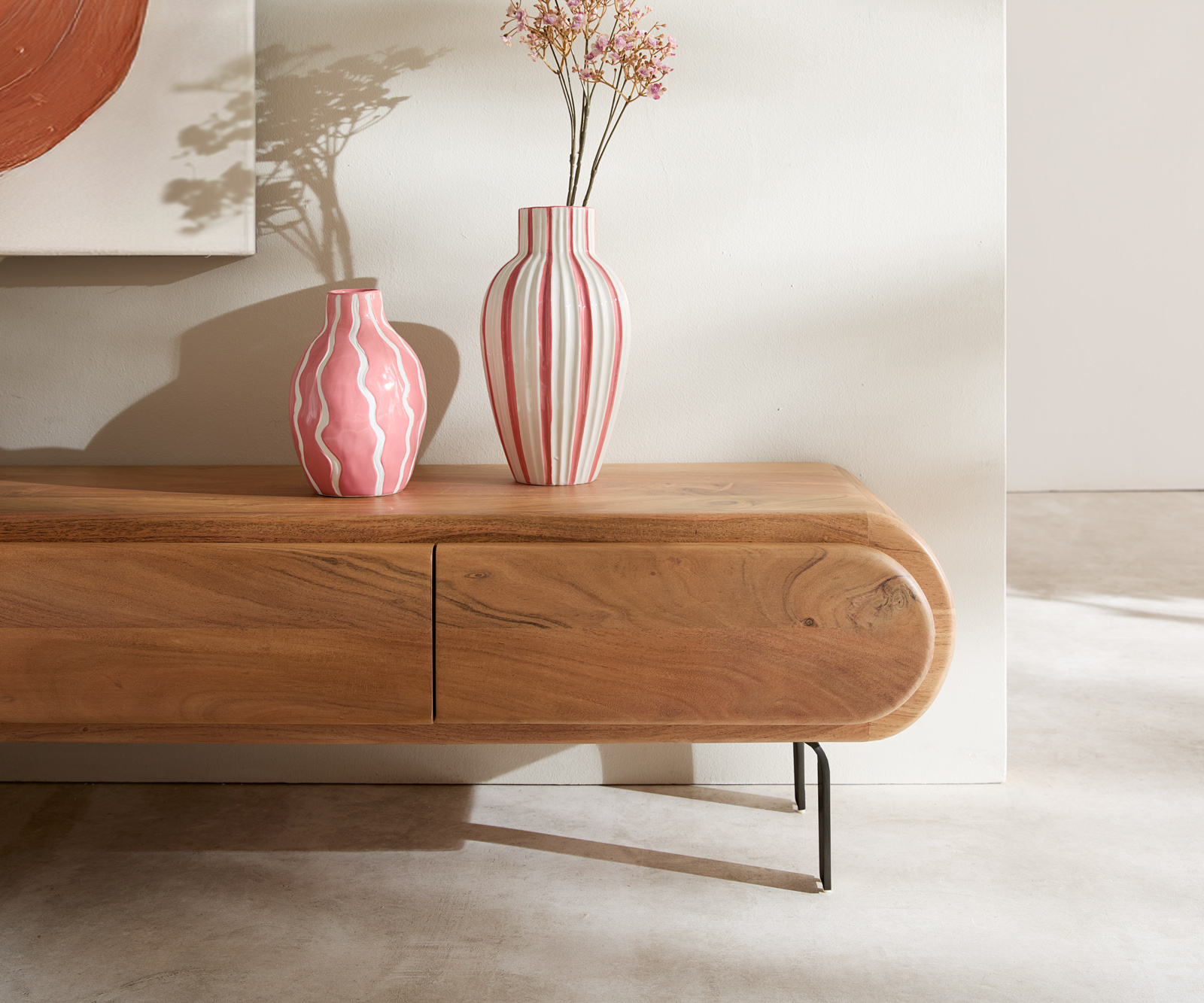 TV szekrény Sohara 175 cm akác természetes 4 ajtós "L" alakú fekete láb - Image 5