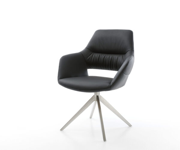 Étkezőszék Yago-Flex karfás valódi bőr fekete széles rozsdamentes acél kereszt láb 360° forgatható hintamechanizmus zsákrugós matraccal