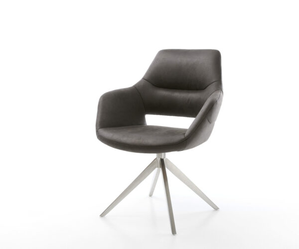 Étkezőszék Yago-Flex karfás mikroszálas antracit vintage kereszt láb széles rozsdamentes acél 360° forgatható hintamechanizmus zsákrugós