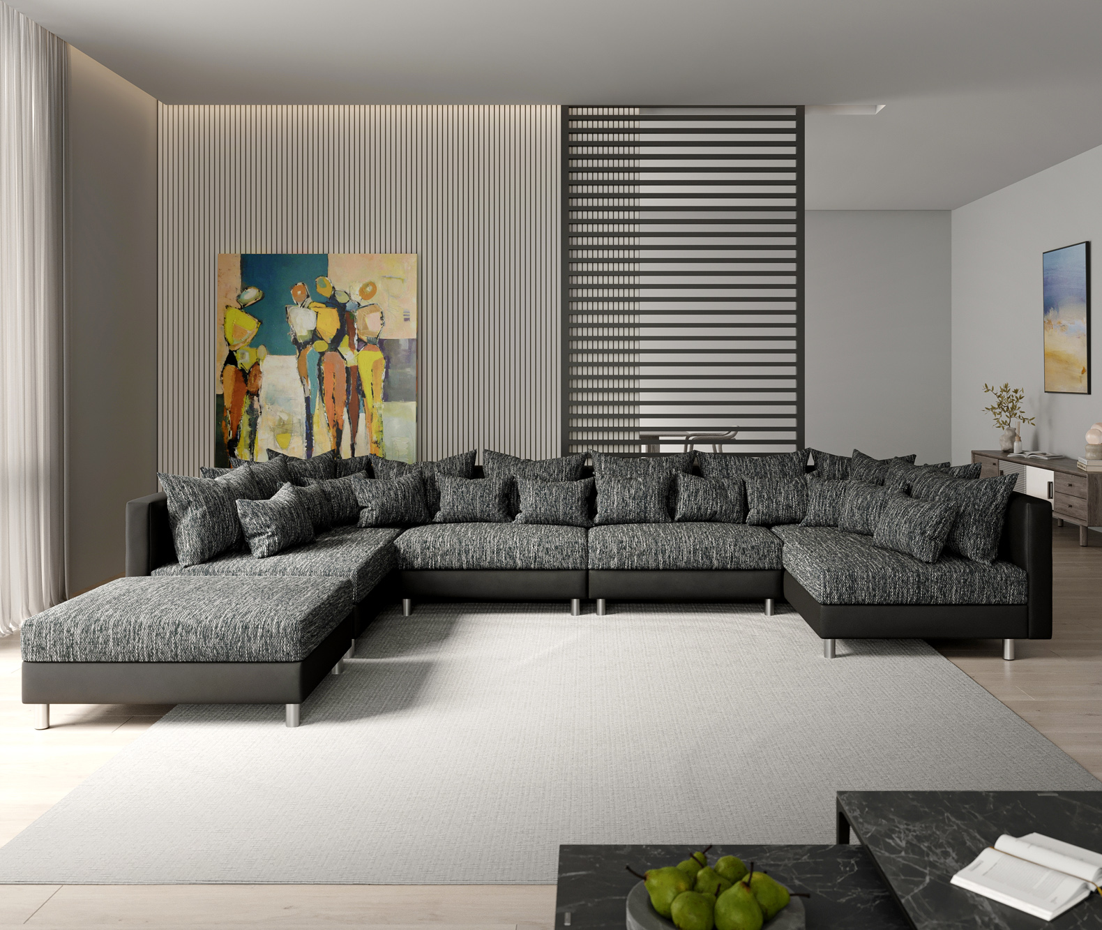 "U alakú kanapé Clovis XL fekete moduláris kanapé puffal" - Image 2