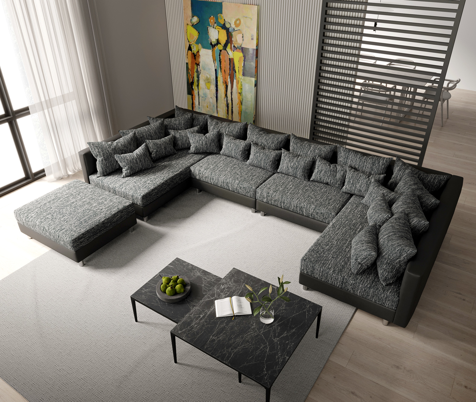 "U alakú kanapé Clovis XL fekete moduláris kanapé puffal" - Image 4