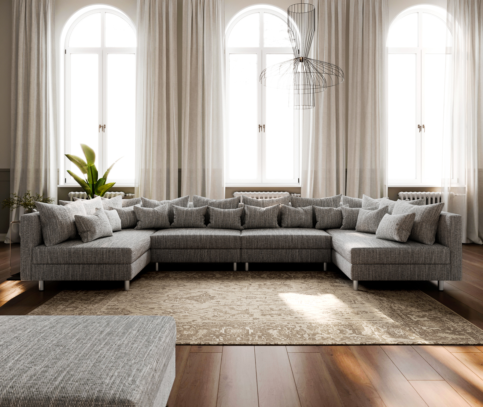 "U alakú kanapé Clovis XL világosszürke strukturált szövet moduláris kanapé puff" - Image 2