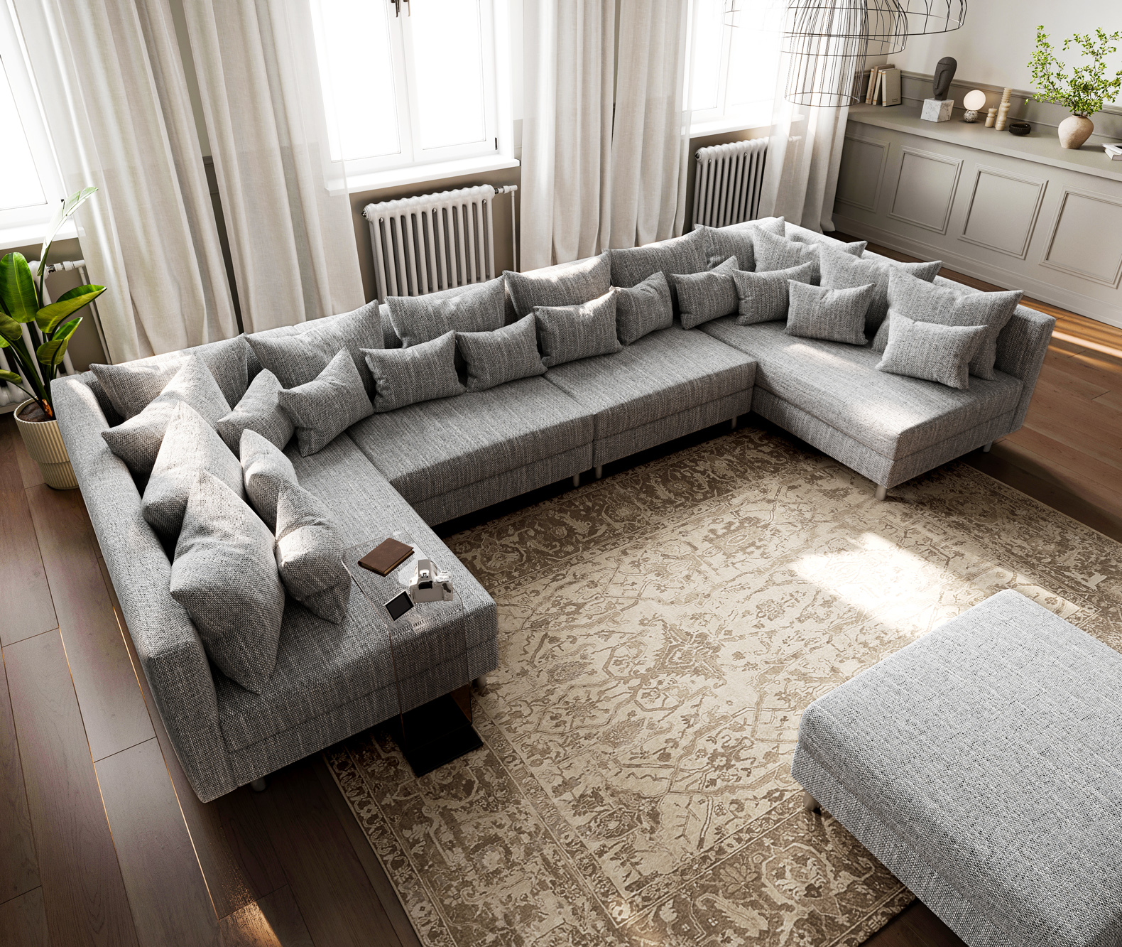 "U alakú kanapé Clovis XL világosszürke strukturált szövet moduláris kanapé puff" - Image 4