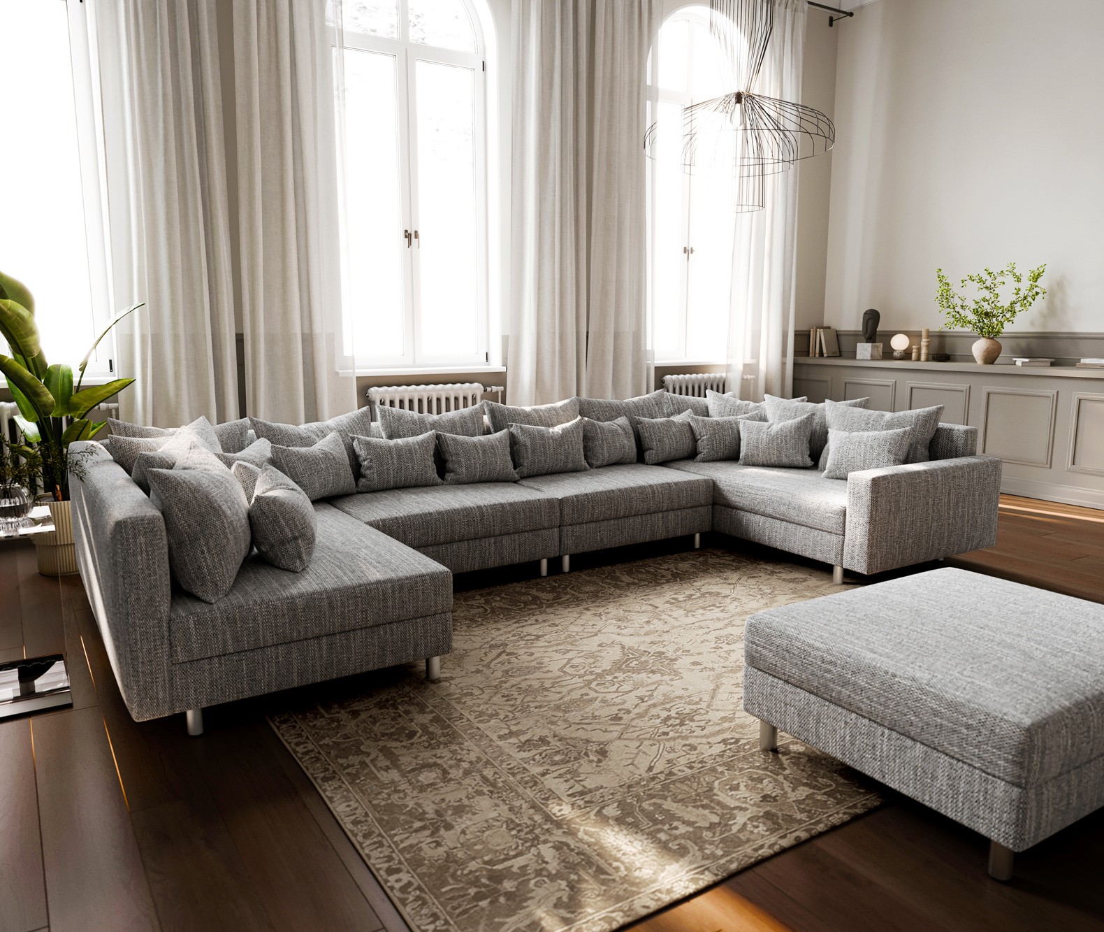 Pohovka ve tvaru "U" Clovis XL světle šedá strukturovaná látka taburet područka modul