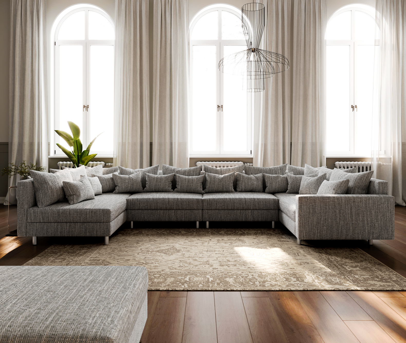 Pohovka ve tvaru "U" Clovis XL světle šedá strukturovaná látka taburet područka modul - Image 2