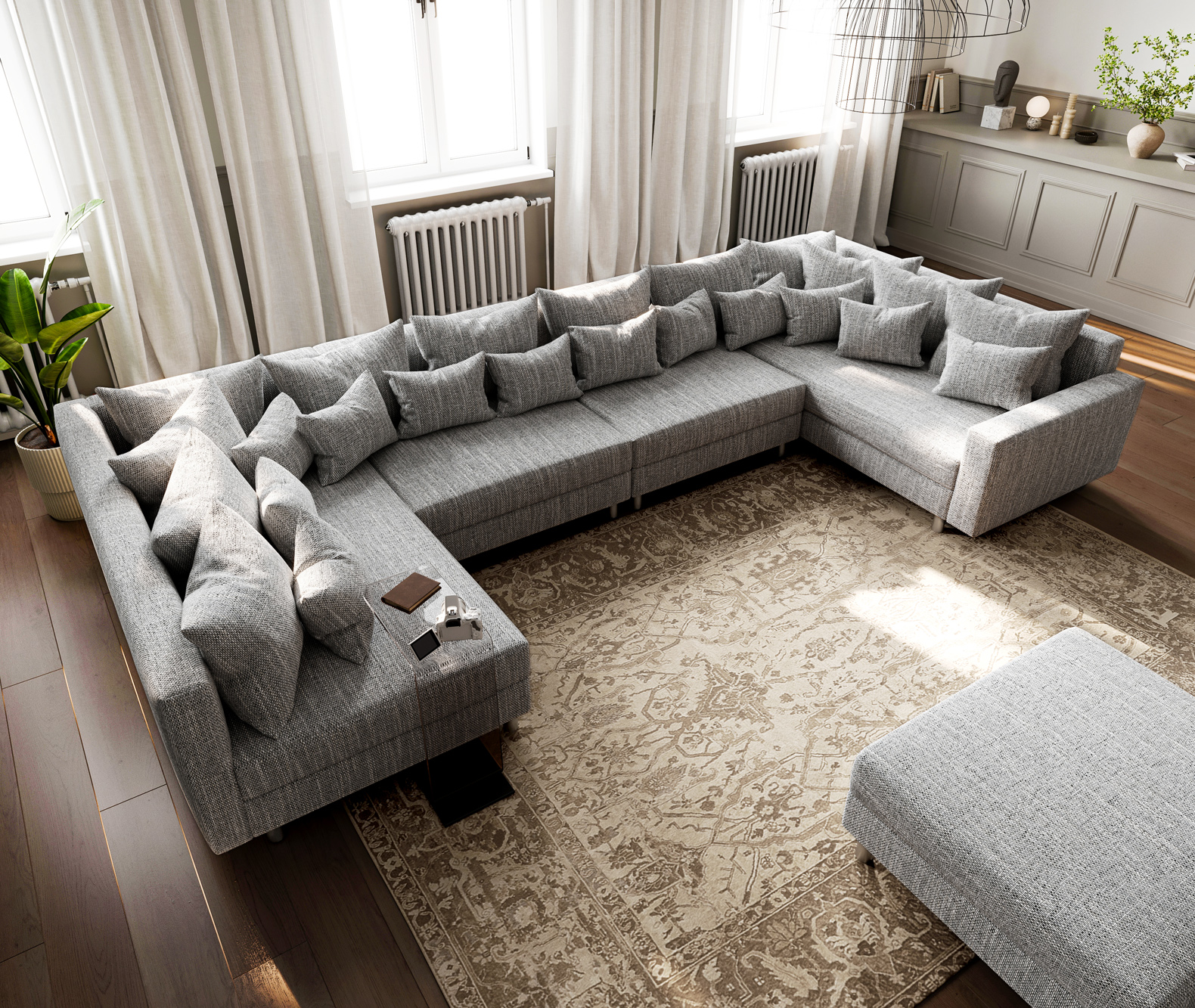 Pohovka ve tvaru "U" Clovis XL světle šedá strukturovaná látka taburet područka modul - Image 4