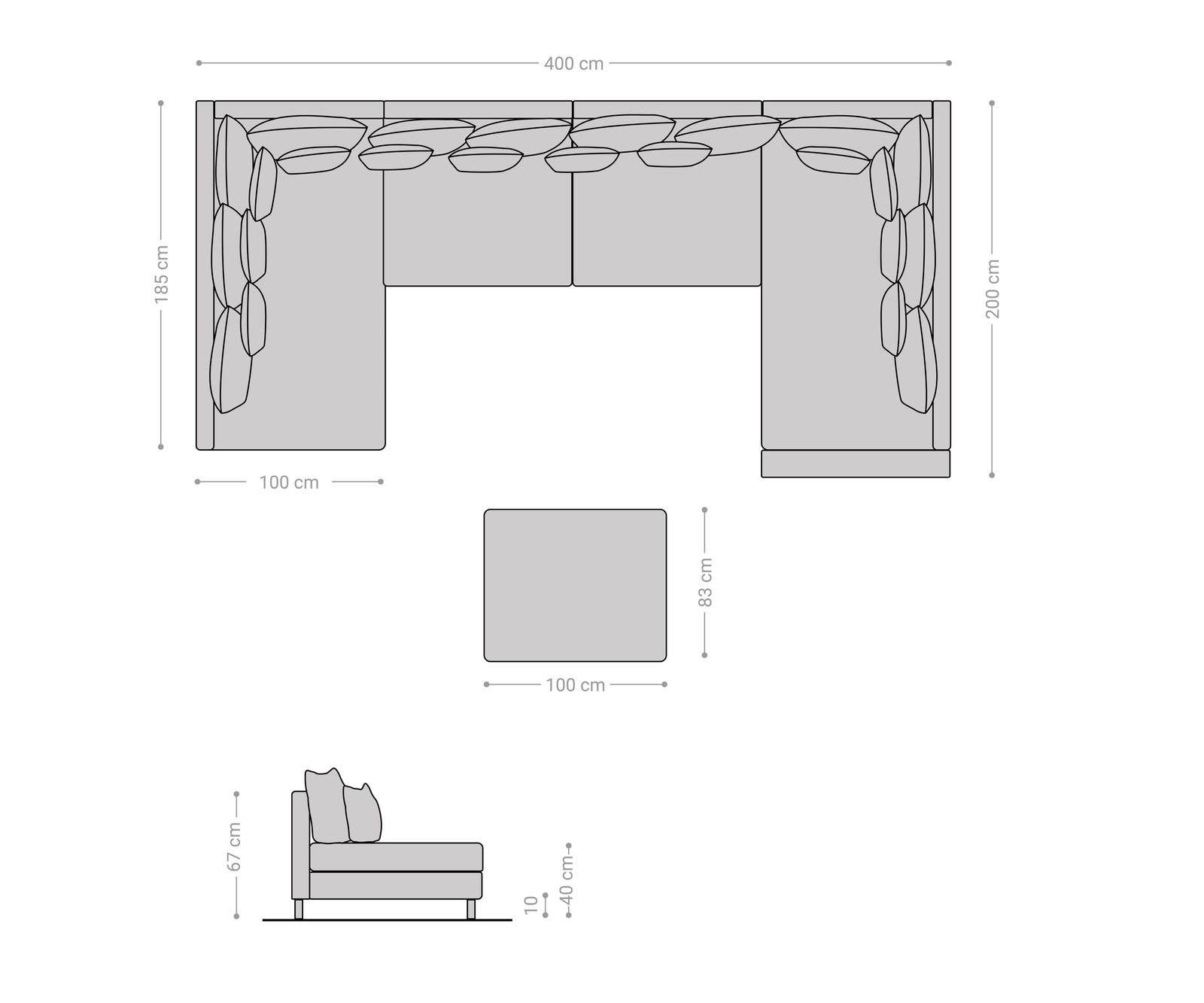 Pohovka ve tvaru "U" Clovis XL světle šedá strukturovaná látka taburet područka modul - Image 6