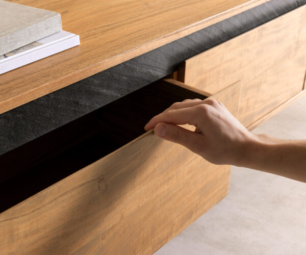 Design TV szekrény Stonegrace 200 cm akác természetes pala 4 fiókos - Image 5