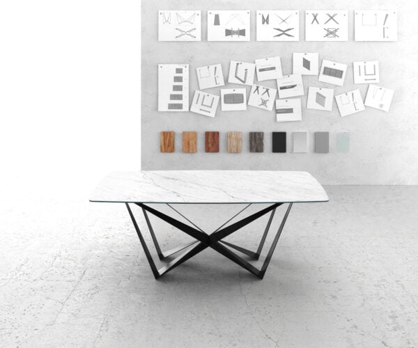 Étkezőasztal Edge hajóformájú 200x100 cm Laminam® Statuarietto kerámia fehér középső láb laposacél fekete - Image 2