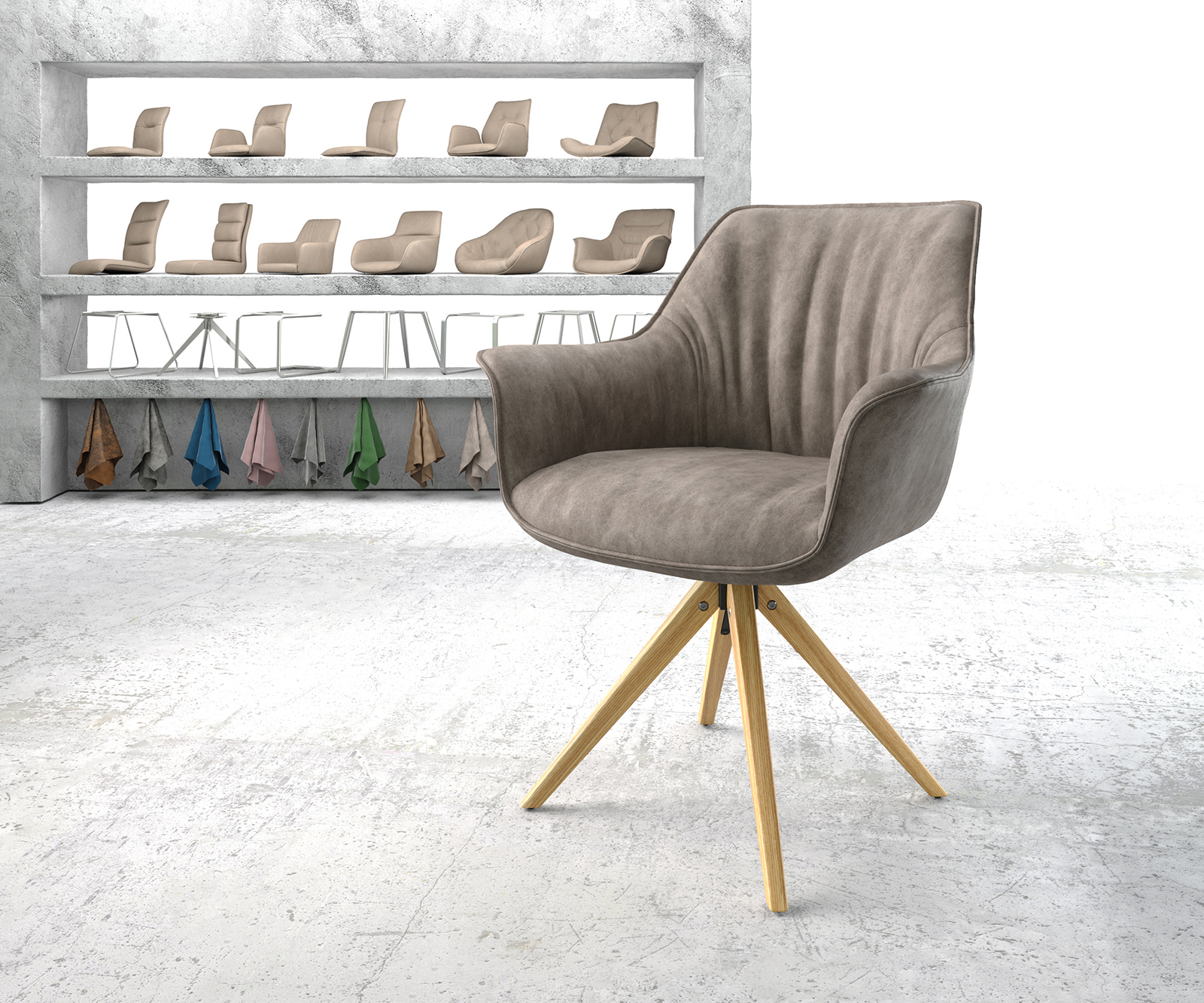 Étkezőszék Keila-Flex mikroszálas taupe vintage fa láb szögletes természetes karfás