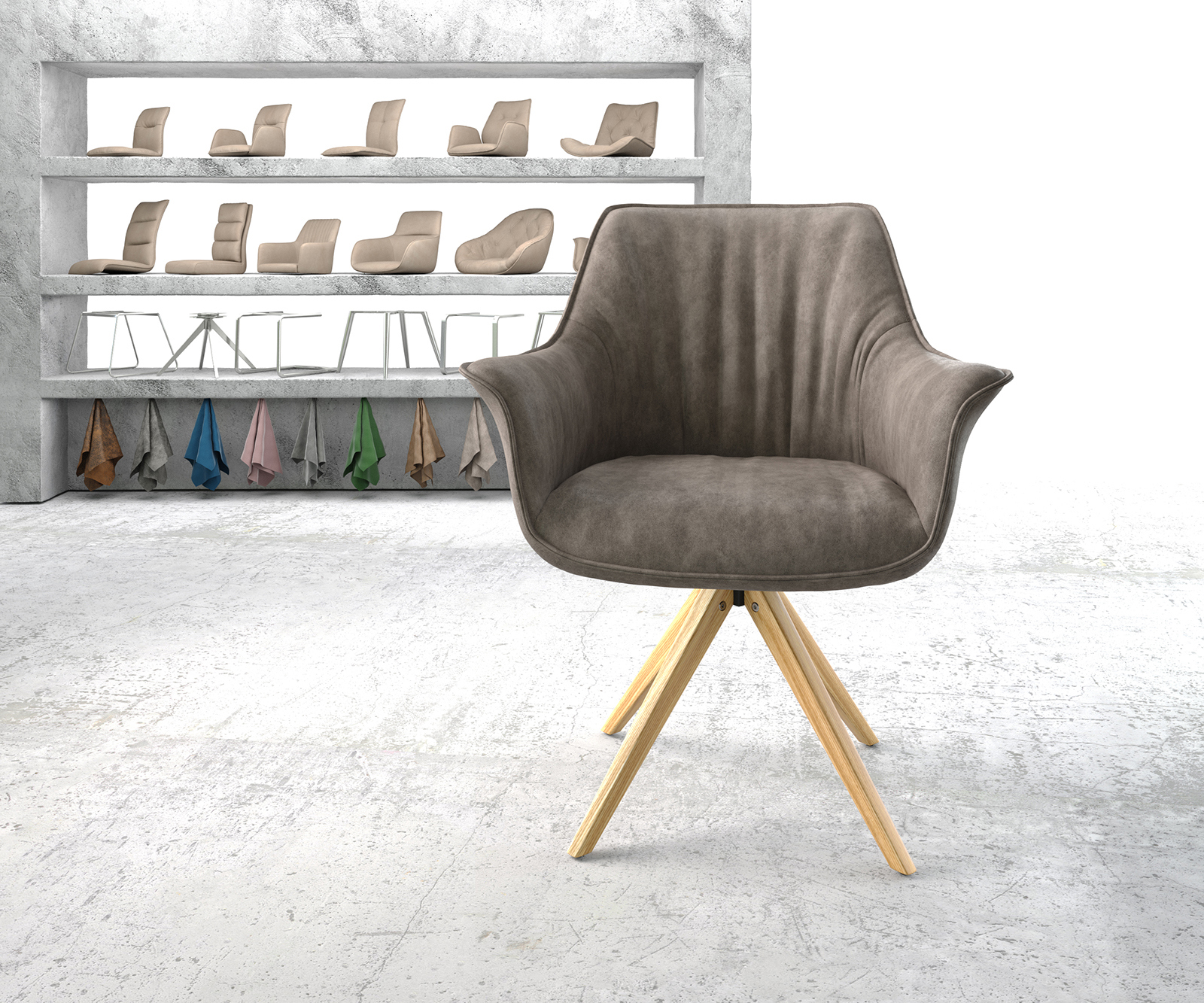 Étkezőszék Keila-Flex mikroszálas taupe vintage fa láb szögletes természetes karfás - Image 2