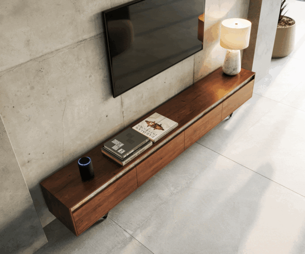 TV szekrény Stonegrace 240 cm akác barna pala 4 ajtós V láb fekete - Image 4