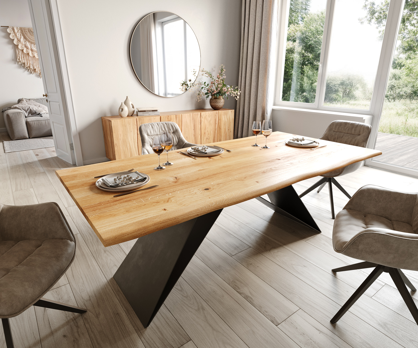 Étkezőasztal Edge 200x100x2,5 tölgy természetes V alakú láb laposacél fekete Live-Edge