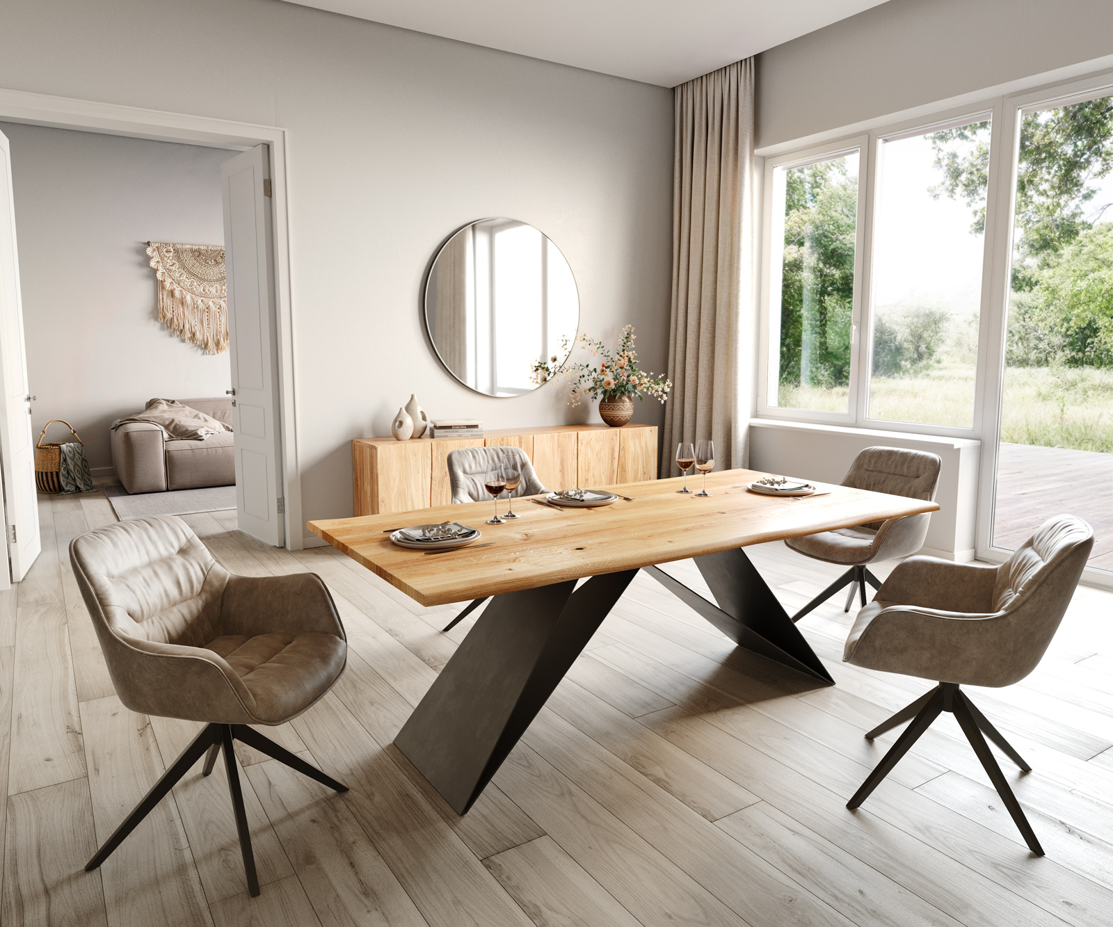 Étkezőasztal Edge 200x100x2,5 tölgy természetes V alakú láb laposacél fekete Live-Edge - Image 5