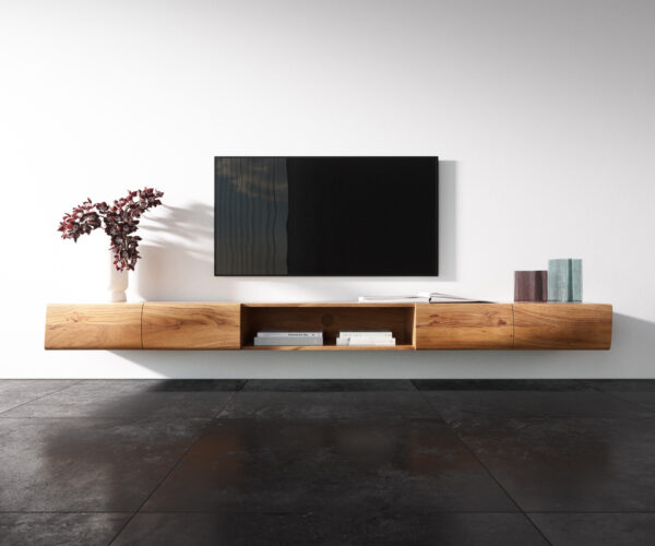 TV szekrény New Live-Edge 240 cm akác természetes 4 ajtós 1 rekeszes lebegő - Image 4