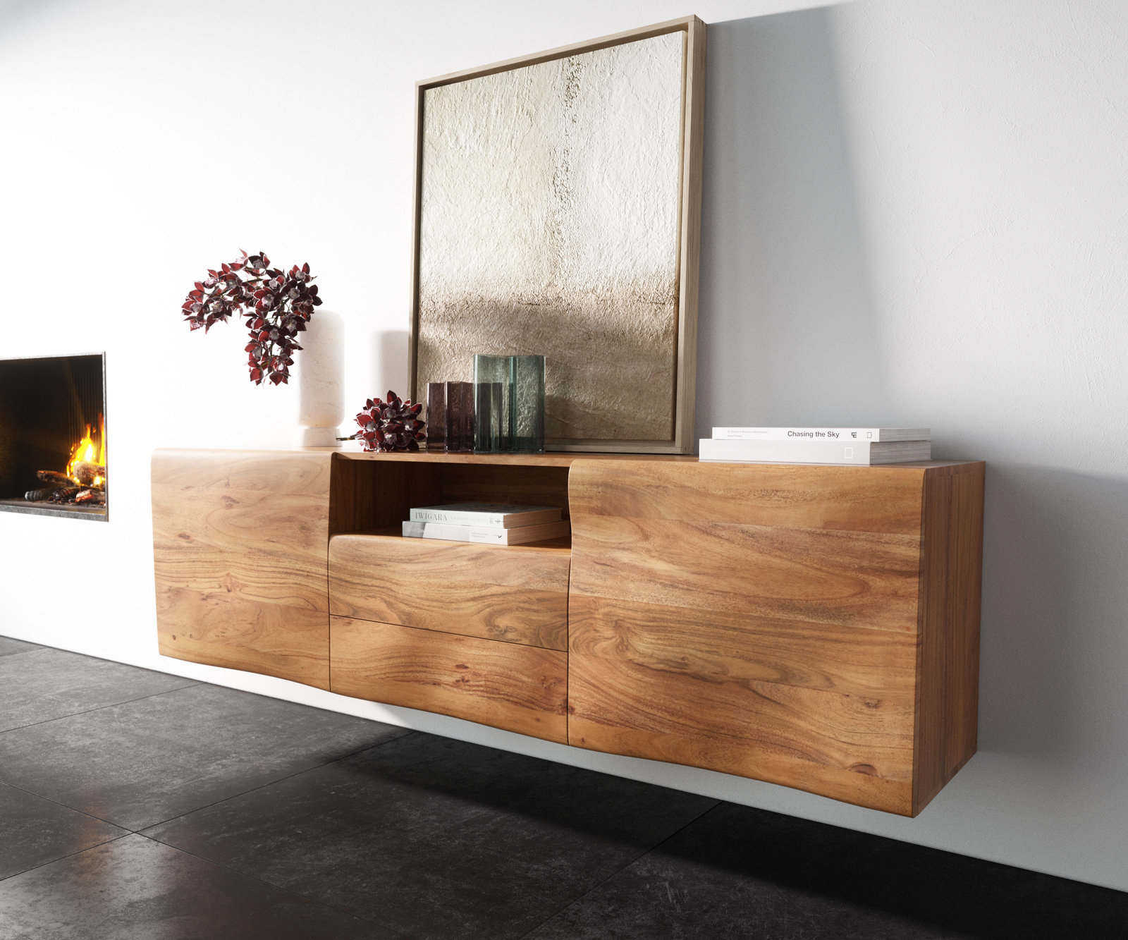 Komód New Live-Edge 175 cm akác természetes 2 ajtós 2 fiókos 1 rekeszes lebegő