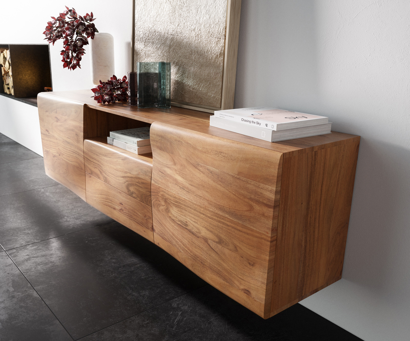 Komód New Live-Edge 175 cm akác természetes 2 ajtós 2 fiókos 1 rekeszes lebegő - Image 2