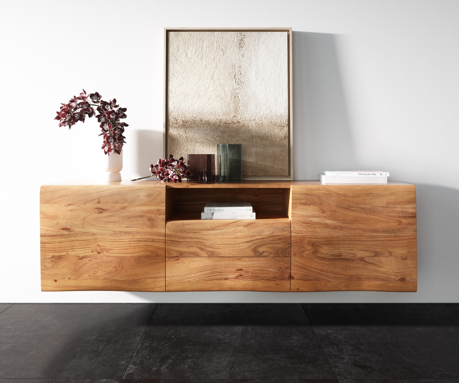 Komód New Live-Edge 175 cm akác természetes 2 ajtós 2 fiókos 1 rekeszes lebegő - Image 4