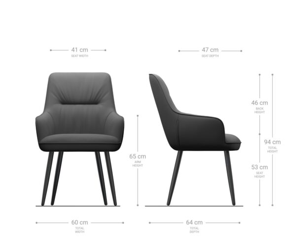 Étkezőszék Zelia-Flex karfás valódi bőr fekete 4 lábas kúpos fekete zsákrugós - Image 6