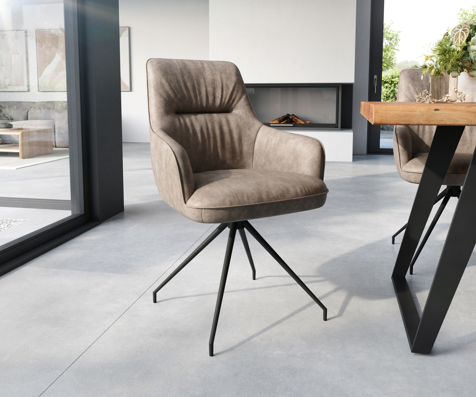 Étkezőszék Zelia-Flex karfás mikroszálas taupe vintage kereszt láb kúpos fekete zsákrugós