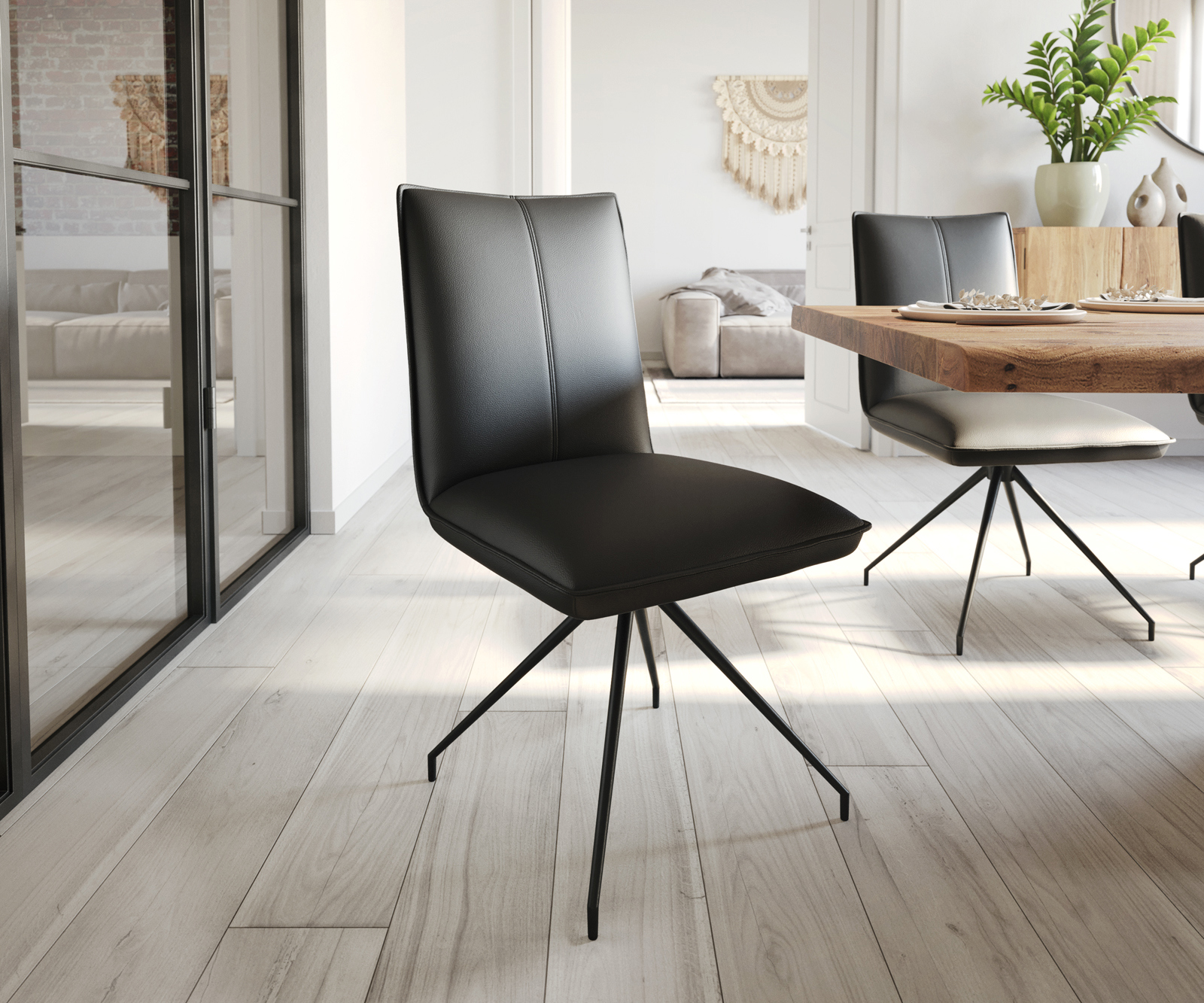 Étkezőszék Lelio-Flex valódi bőr fekete kúpos rozsdamentes acél kereszt láb fekete zsákrugós