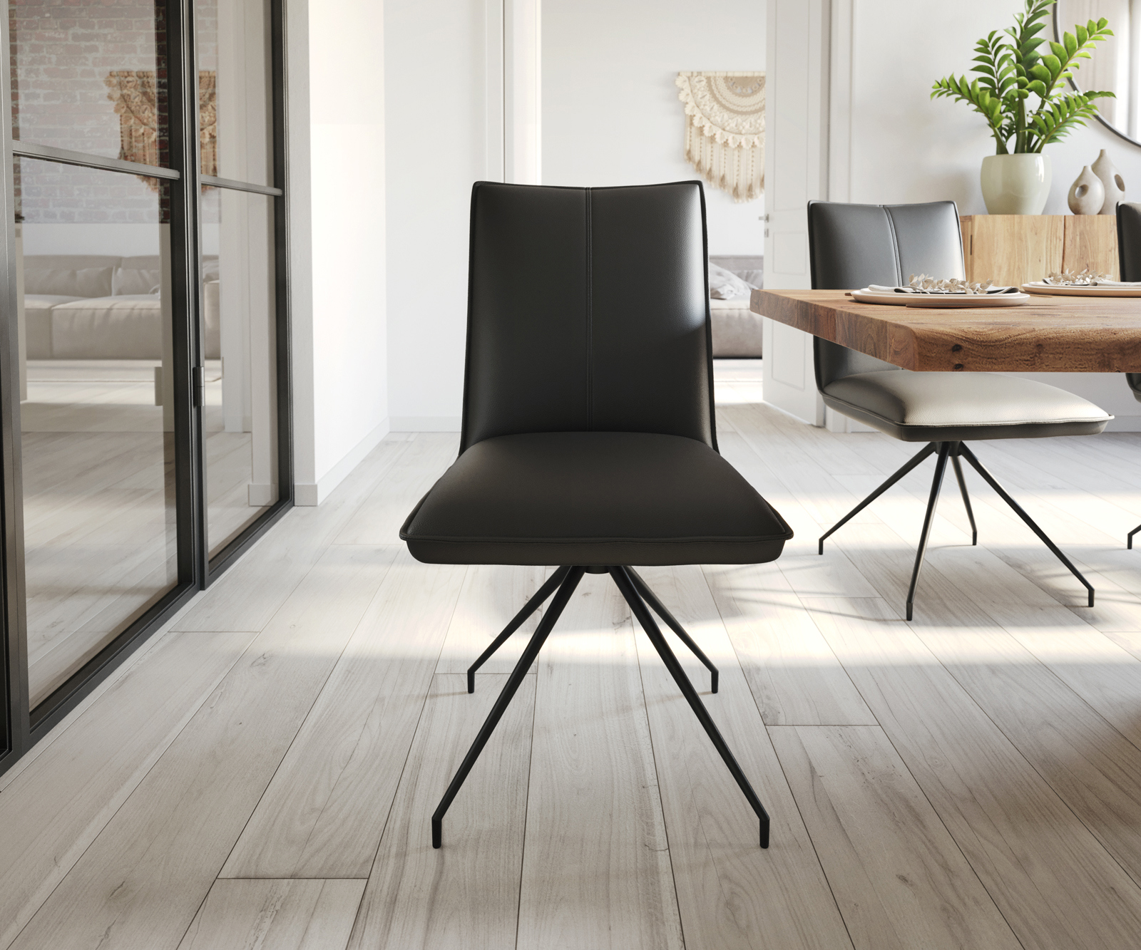 Étkezőszék Lelio-Flex valódi bőr fekete kúpos rozsdamentes acél kereszt láb fekete zsákrugós - Image 2