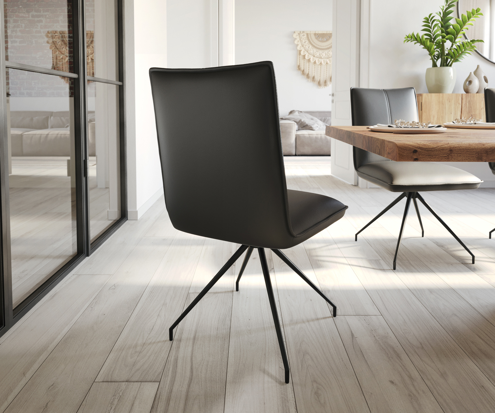 Étkezőszék Lelio-Flex valódi bőr fekete kúpos rozsdamentes acél kereszt láb fekete zsákrugós - Image 5