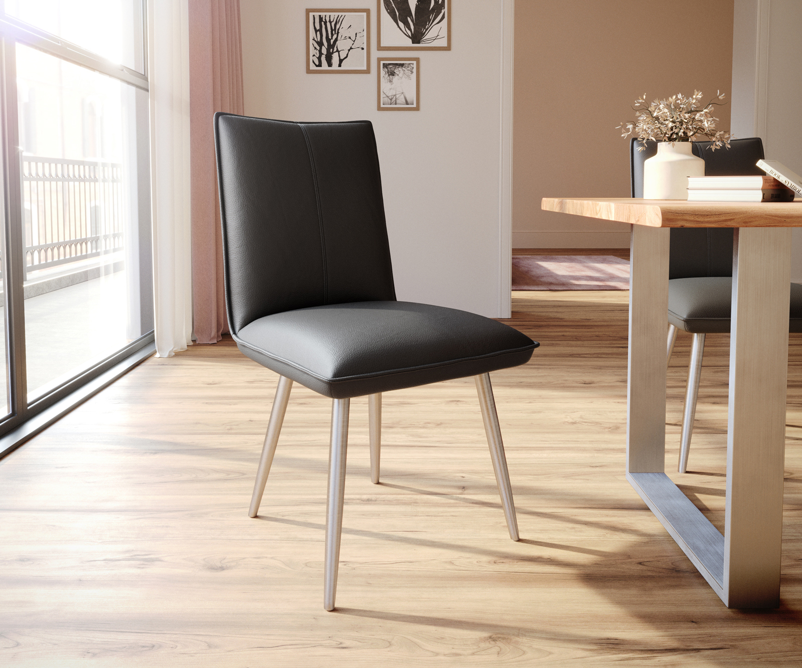 Étkezőszék Lelio-Flex valódi bőr fekete 4 láb kúpos rozsdamentes acél zsákrugó